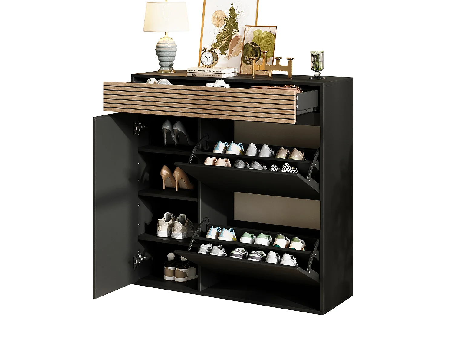 Scarpiera con 2 ante a ribalta, 1 anta, 1 cassetto - MDF e truciolato - 100 x 35 x 105 cm - Nero e naturale