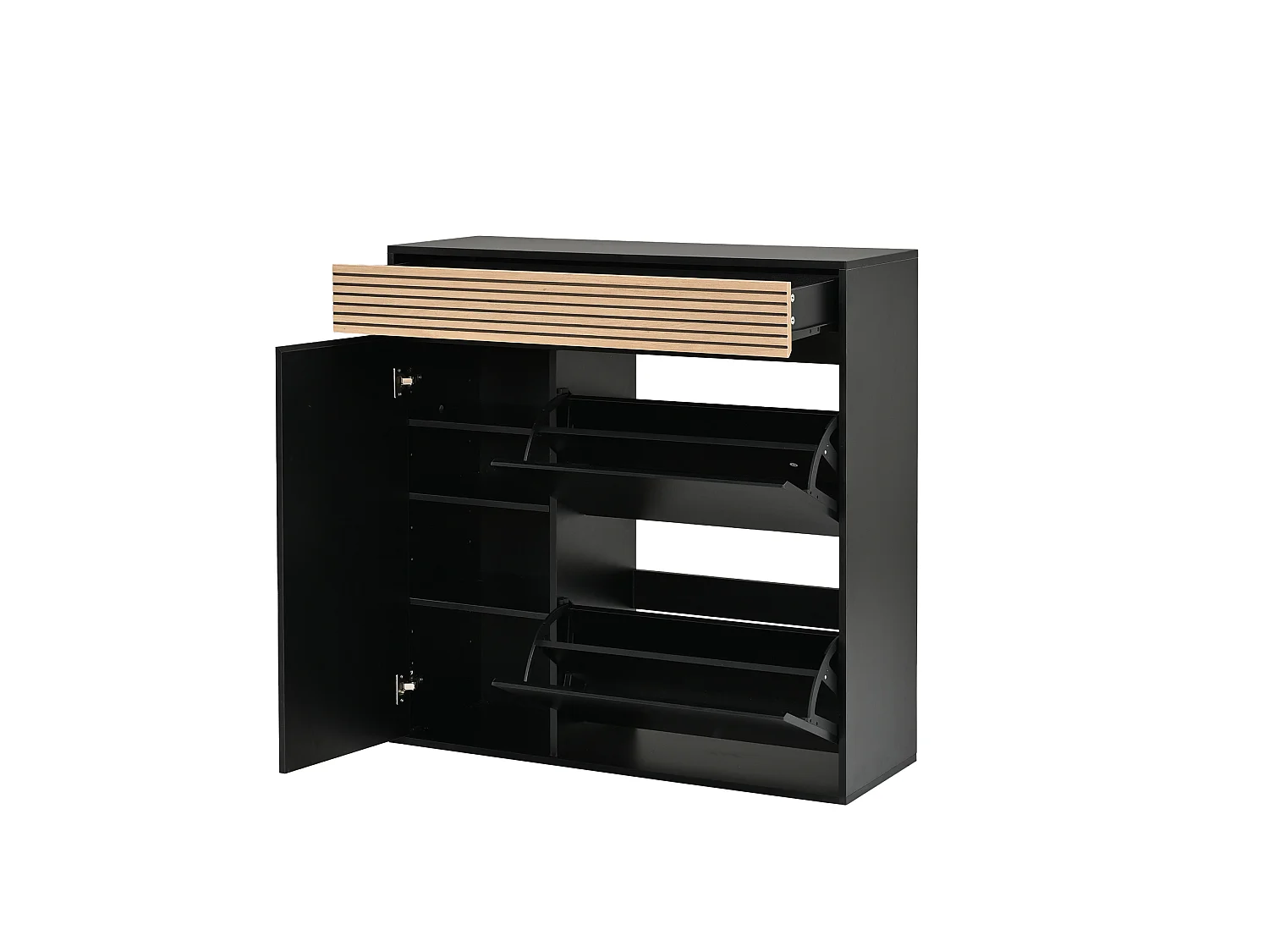 Scarpiera con 2 ante a ribalta, 1 anta, 1 cassetto - MDF e truciolato - 100 x 35 x 105 cm - Nero e naturale