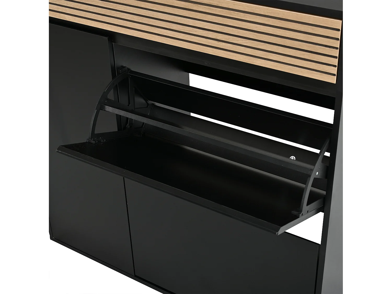 Scarpiera con 2 ante a ribalta, 1 anta, 1 cassetto - MDF e truciolato - 100 x 35 x 105 cm - Nero e naturale