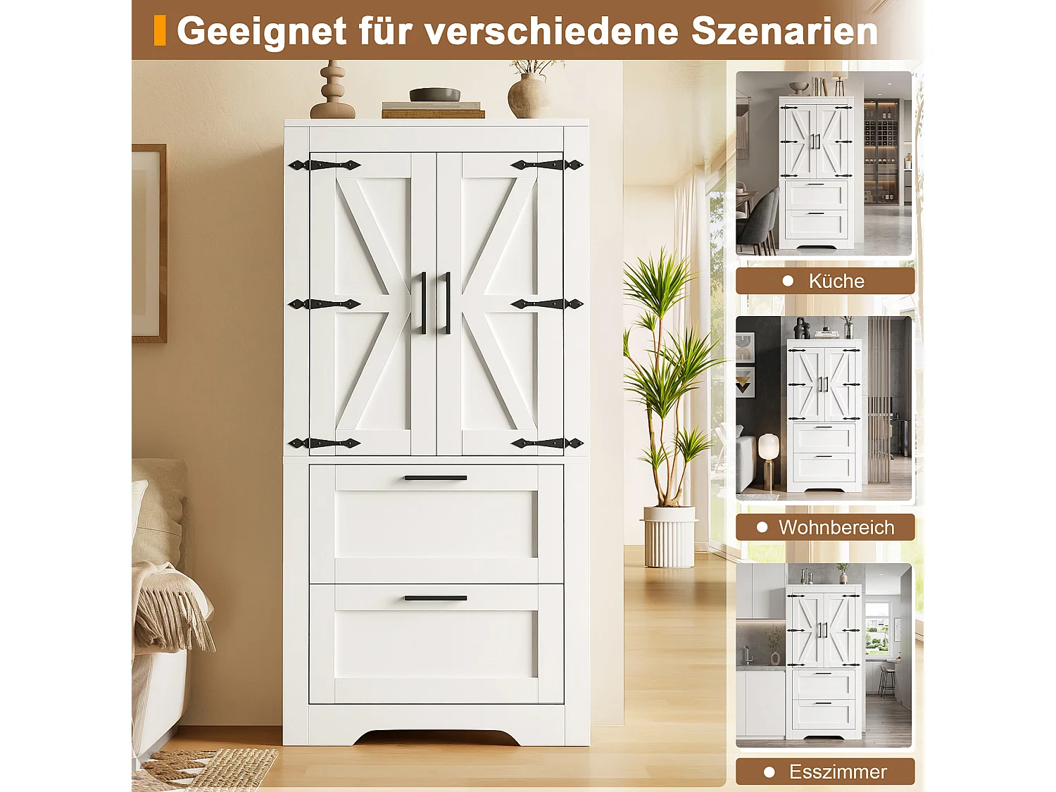 Hoher Küchenschrank mit 2 Schubladen, 2 Flügeltüren im Scheunentor-Stil und verstellbaren Einlegeböden – MDF – 60 x 30 x 128 cm – Weiß