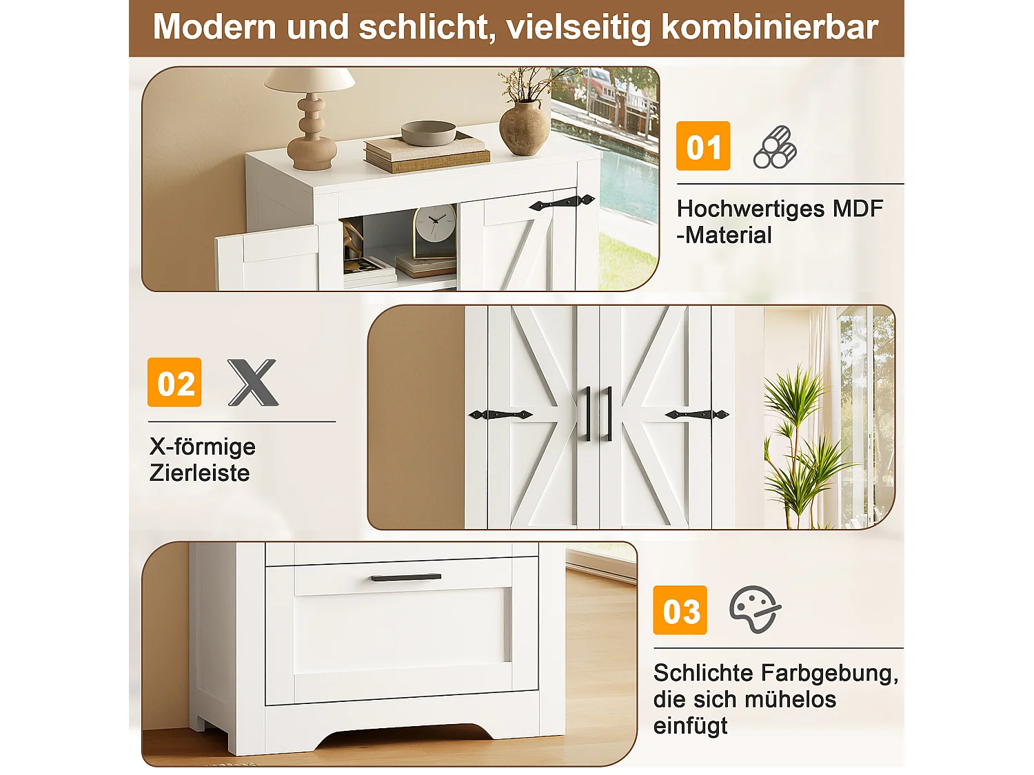 Hoher Küchenschrank mit 2 Schubladen, 2 Flügeltüren im Scheunentor-Stil und verstellbaren Einlegeböden – MDF – 60 x 30 x 128 cm – Weiß