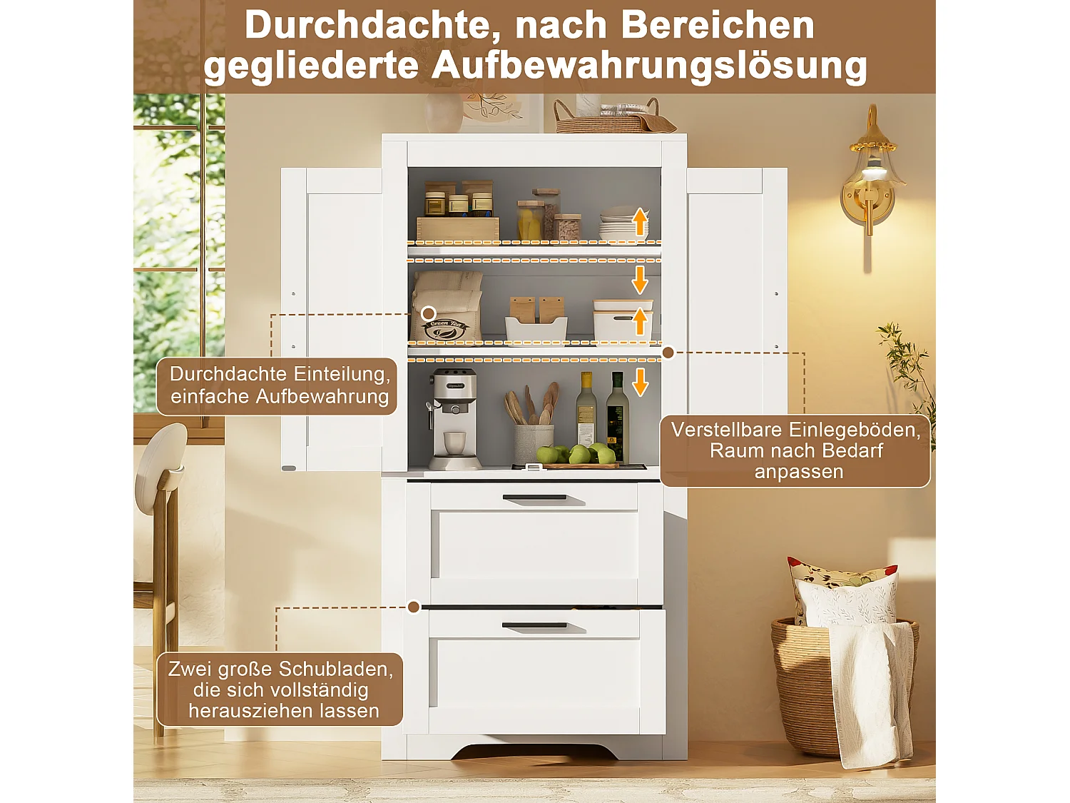 Hoher Küchenschrank mit 2 Schubladen, 2 Flügeltüren im Scheunentor-Stil und verstellbaren Einlegeböden – MDF – 60 x 30 x 128 cm – Weiß