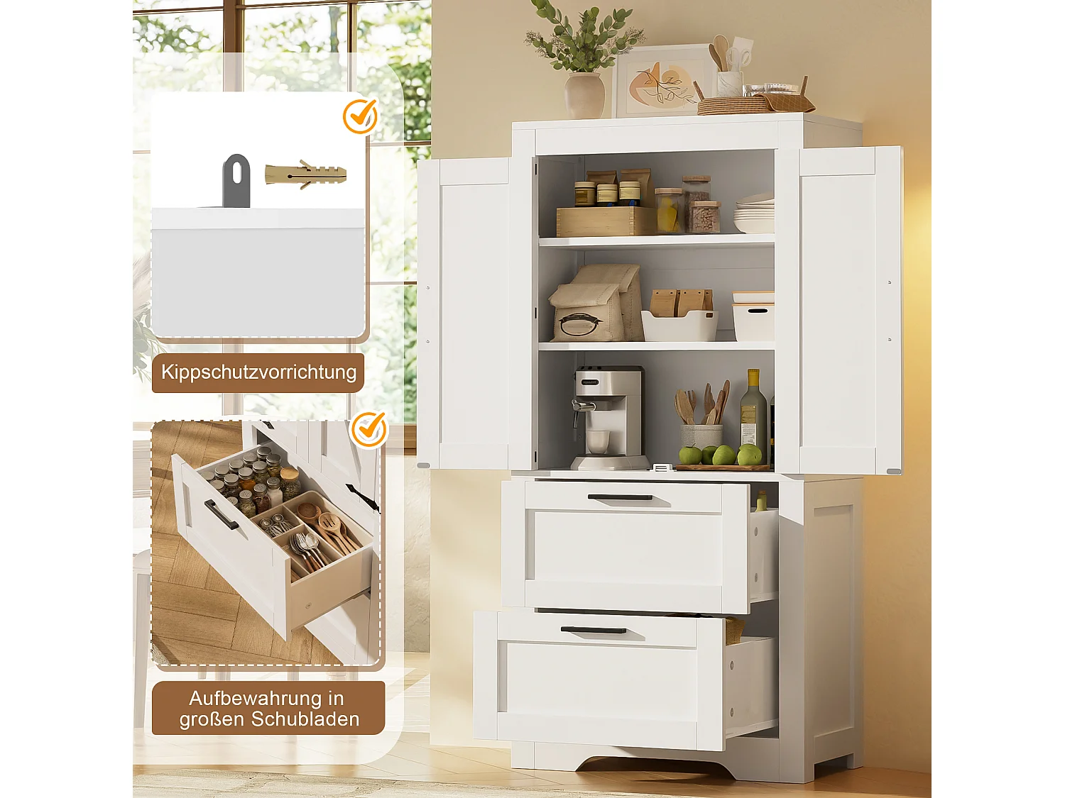 Hoher Küchenschrank mit 2 Schubladen, 2 Flügeltüren im Scheunentor-Stil und verstellbaren Einlegeböden – MDF – 60 x 30 x 128 cm – Weiß