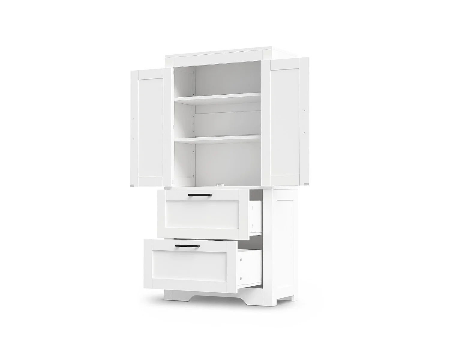 Hoher Küchenschrank mit 2 Schubladen, 2 Flügeltüren im Scheunentor-Stil und verstellbaren Einlegeböden – MDF – 60 x 30 x 128 cm – Weiß