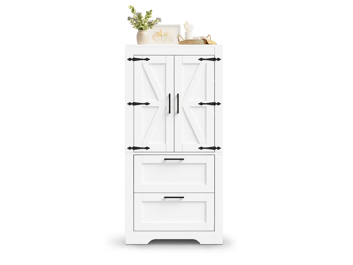 Hoher Küchenschrank mit 2 Schubladen, 2 Flügeltüren im Scheunentor-Stil und verstellbaren Einlegeböden – MDF – 60 x 30 x 128 cm – Weiß