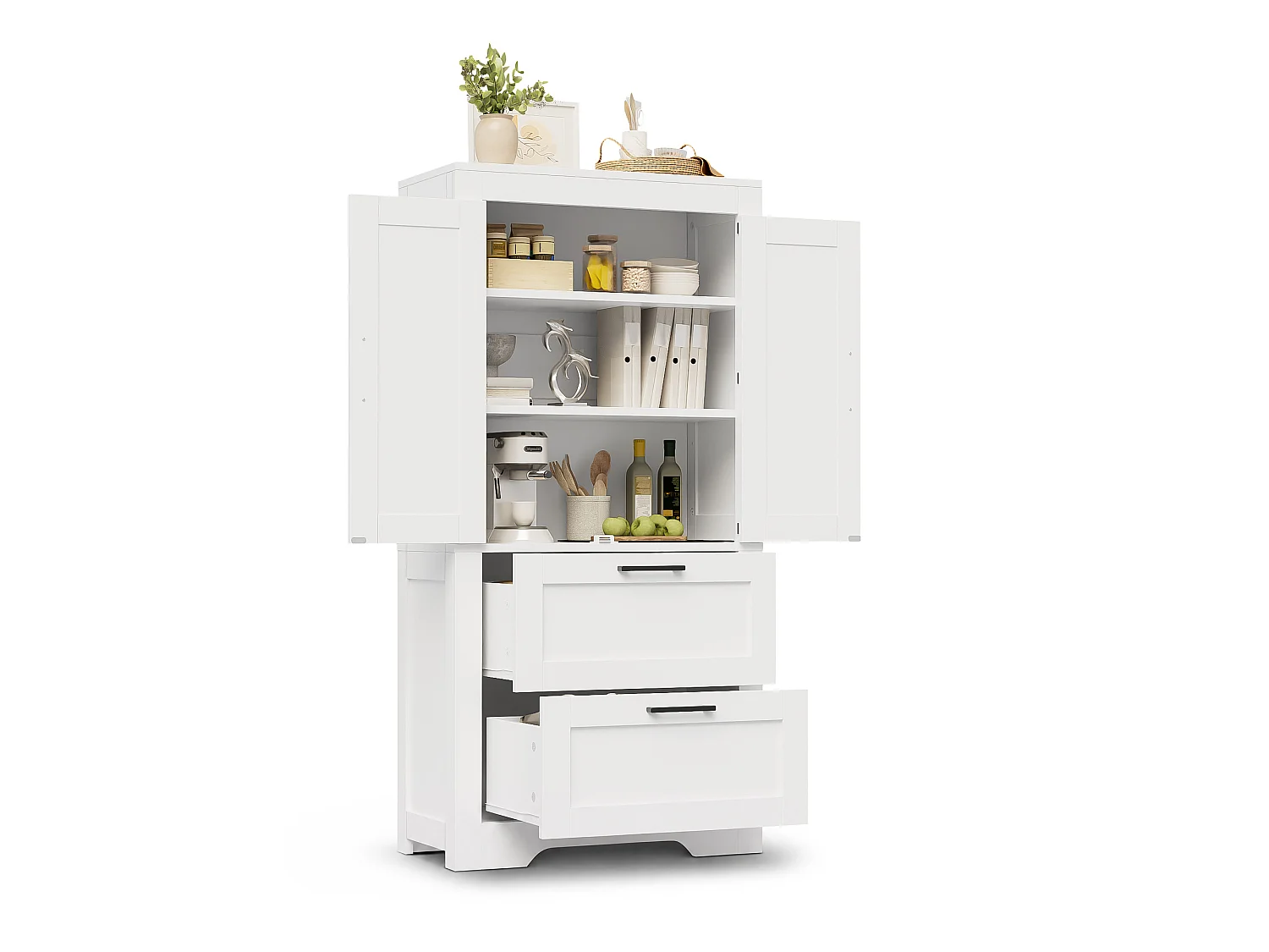 Hoher Küchenschrank mit 2 Schubladen, 2 Flügeltüren im Scheunentor-Stil und verstellbaren Einlegeböden – MDF – 60 x 30 x 128 cm – Weiß