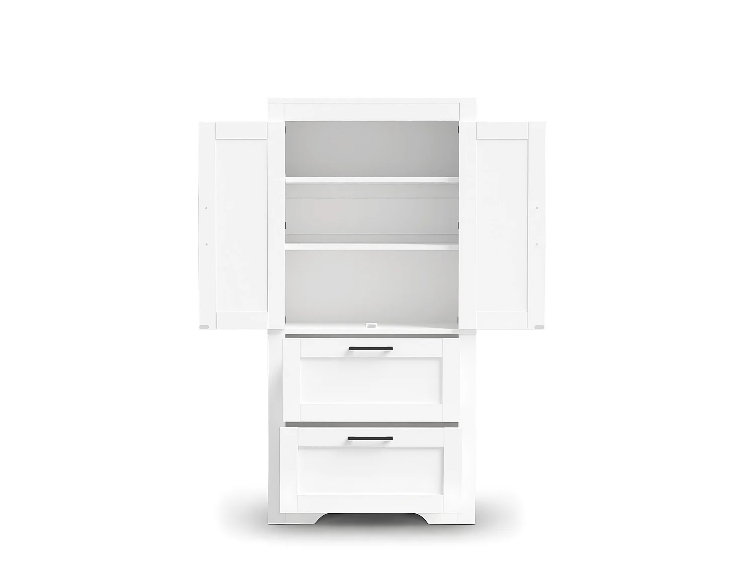 Hoher Küchenschrank mit 2 Schubladen, 2 Flügeltüren im Scheunentor-Stil und verstellbaren Einlegeböden – MDF – 60 x 30 x 128 cm – Weiß