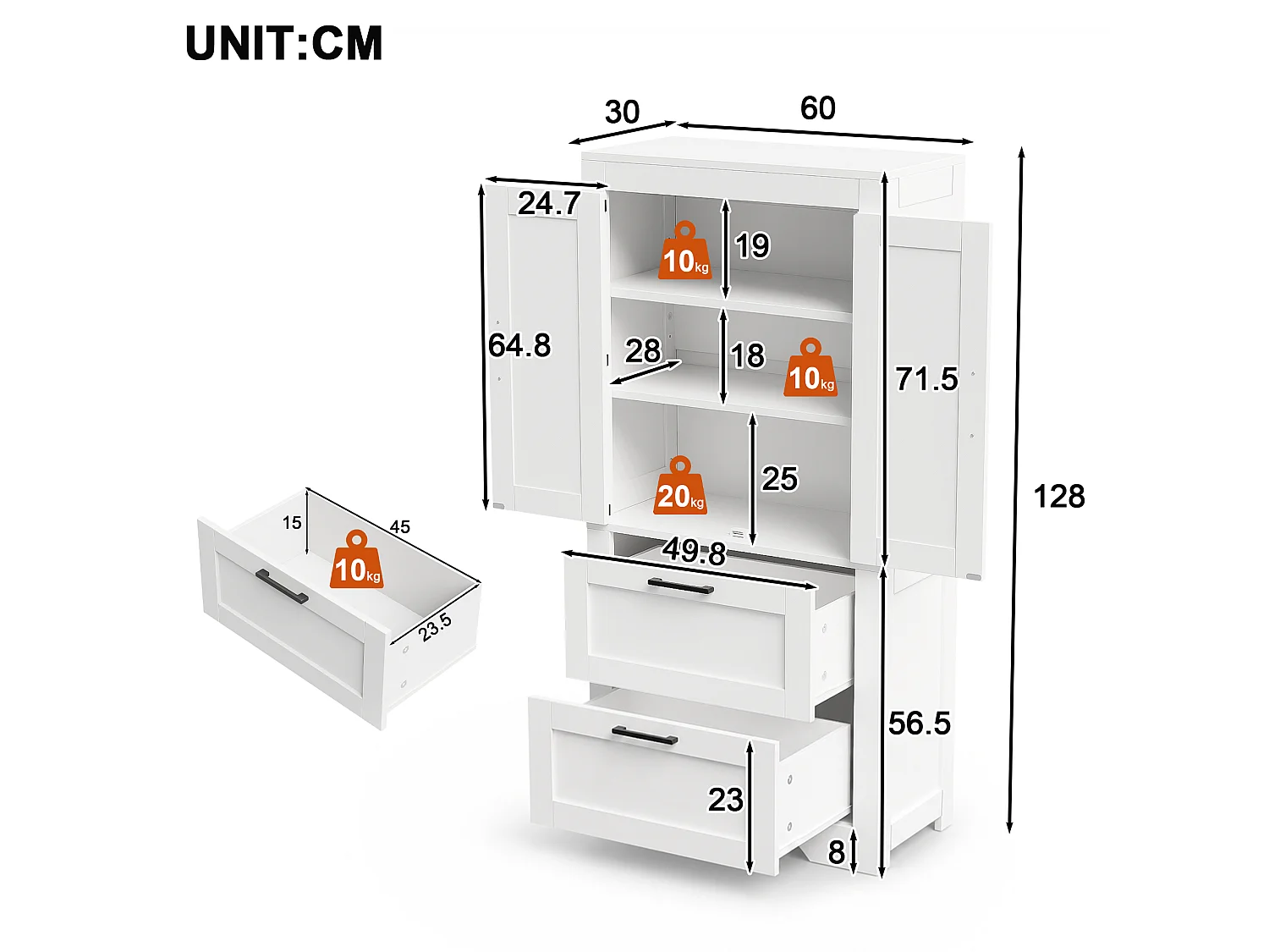 Hoher Küchenschrank mit 2 Schubladen, 2 Flügeltüren im Scheunentor-Stil und verstellbaren Einlegeböden – MDF – 60 x 30 x 128 cm – Weiß