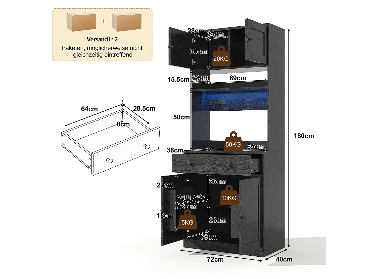 Hoge keukenkast met RGB LED-verlichting, 2 stopcontacten, 2 USB-poorten, 1 grote lade en 4 deuren - MDF - 72 x 40 x 180 cm - Zwart