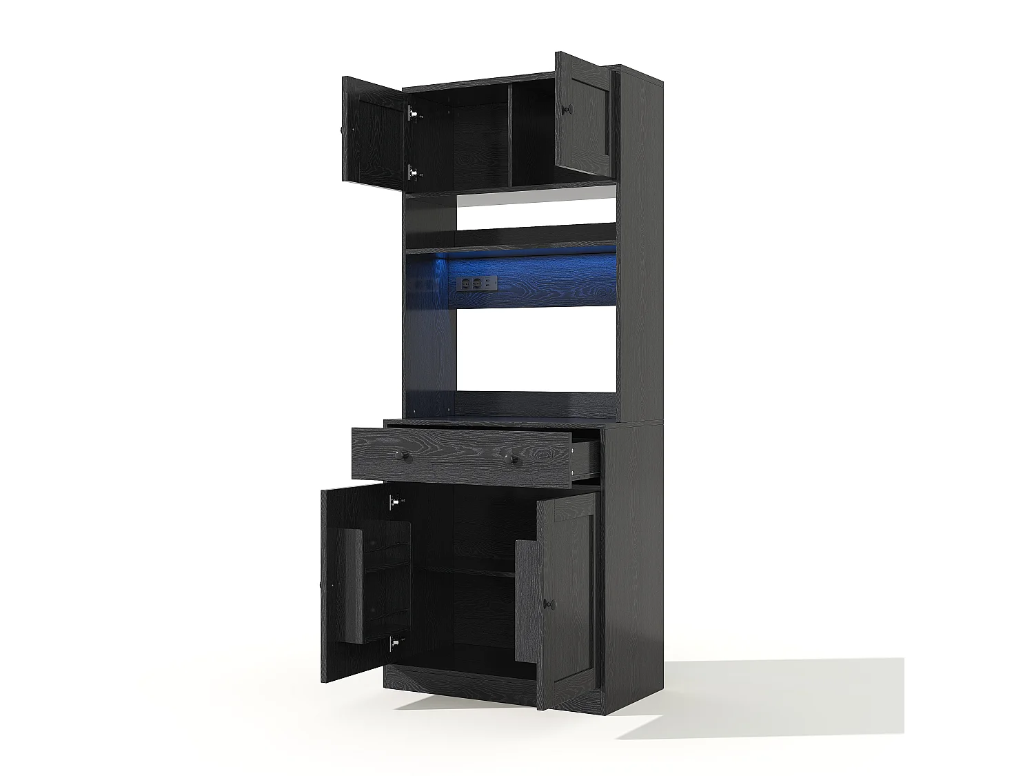 Hoge keukenkast met RGB LED-verlichting, 2 stopcontacten, 2 USB-poorten, 1 grote lade en 4 deuren - MDF - 72 x 40 x 180 cm - Zwart