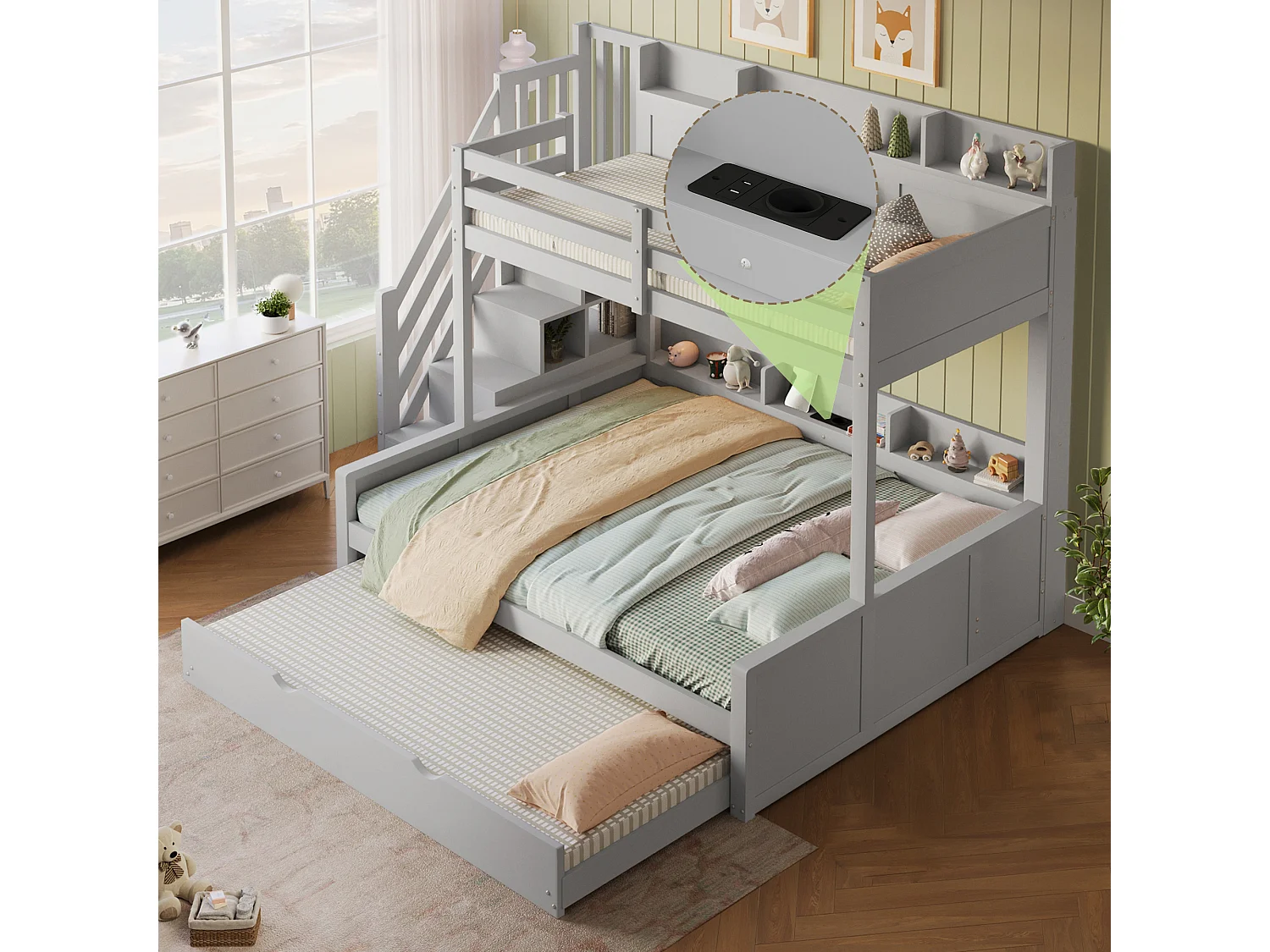 Bunk bed 90 x 200 + 140 x 200 cm with trundle bed 90 x 190 cm, shelves and USB port - MDF and pine - Grey (Mattress not included)