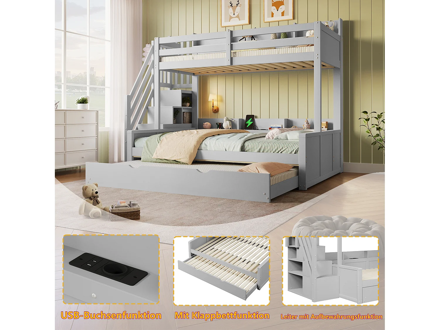Bunk bed 90 x 200 + 140 x 200 cm with trundle bed 90 x 190 cm, shelves and USB port - MDF and pine - Grey (Mattress not included)
