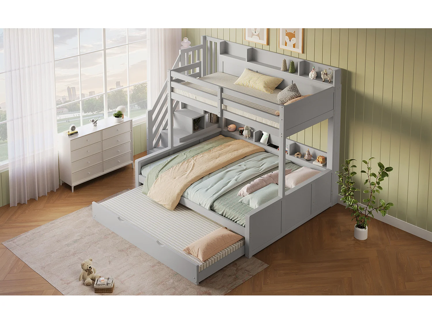 Bunk bed 90 x 200 + 140 x 200 cm with trundle bed 90 x 190 cm, shelves and USB port - MDF and pine - Grey (Mattress not included)