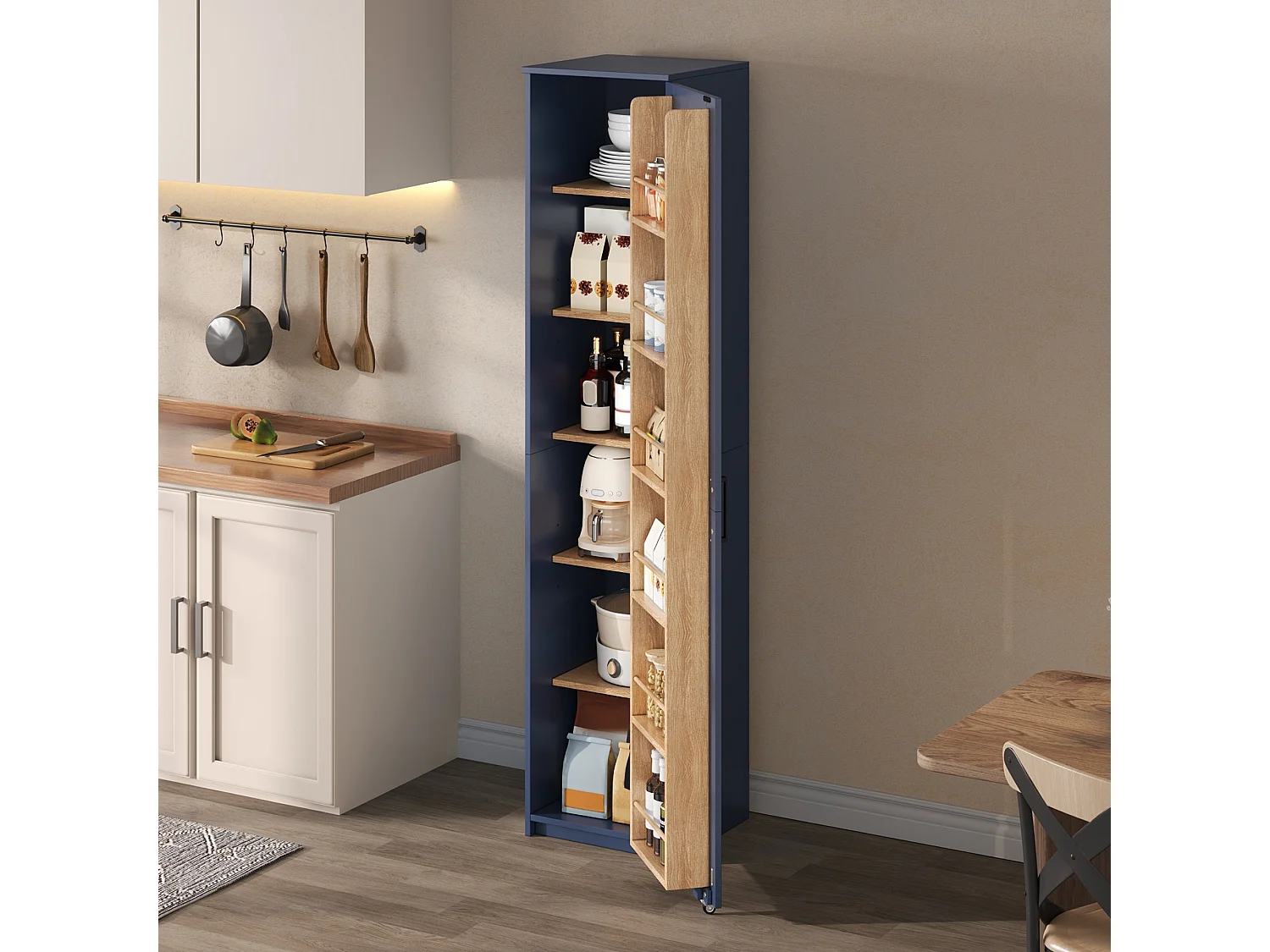 Hoge keukenkast met deuren, verstelbare planken en opbergruimte in de deuren - MDF - 40 x 40 x 183 cm - Blauw