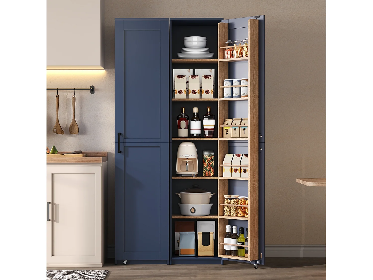 Hoge keukenkast met deuren, verstelbare planken en opbergruimte in de deuren - MDF - 40 x 40 x 183 cm - Blauw
