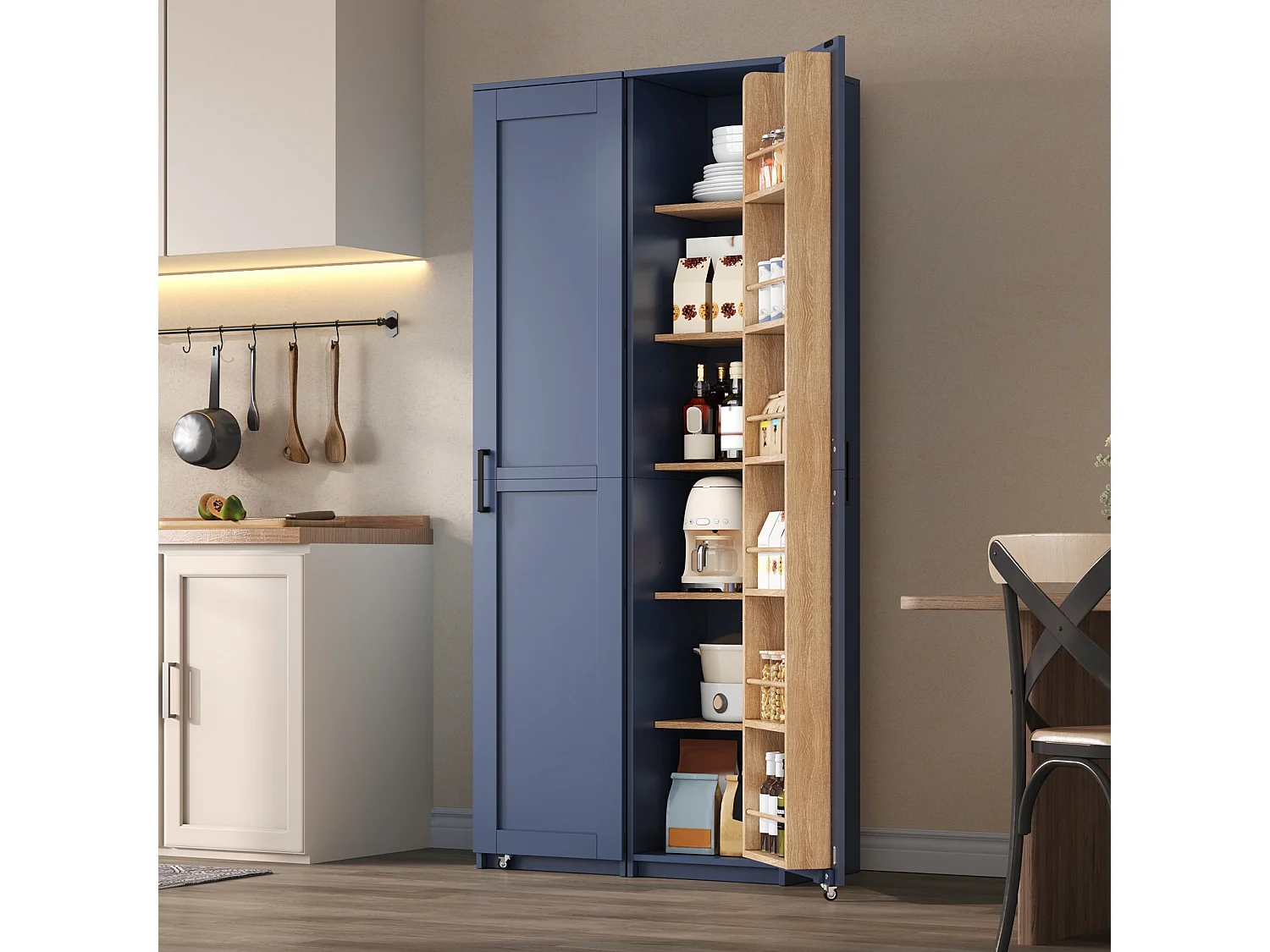 Hoge keukenkast met deuren, verstelbare planken en opbergruimte in de deuren - MDF - 40 x 40 x 183 cm - Blauw