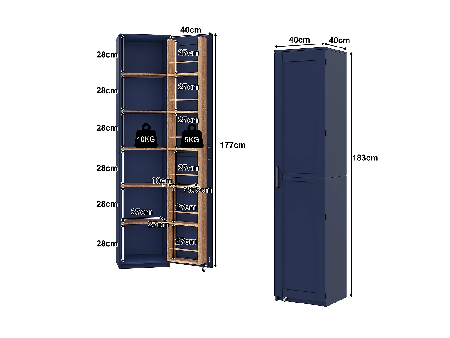 Hoge keukenkast met deuren, verstelbare planken en opbergruimte in de deuren - MDF - 40 x 40 x 183 cm - Blauw