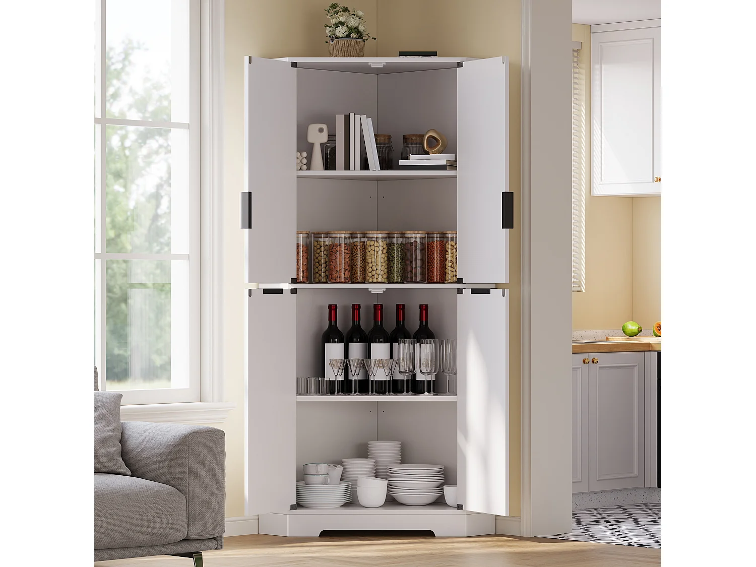 Hjørnekøkkenskænk med 4 låger og justerbare hylder - MDF - 60 x 60 x 172 cm - Hvid