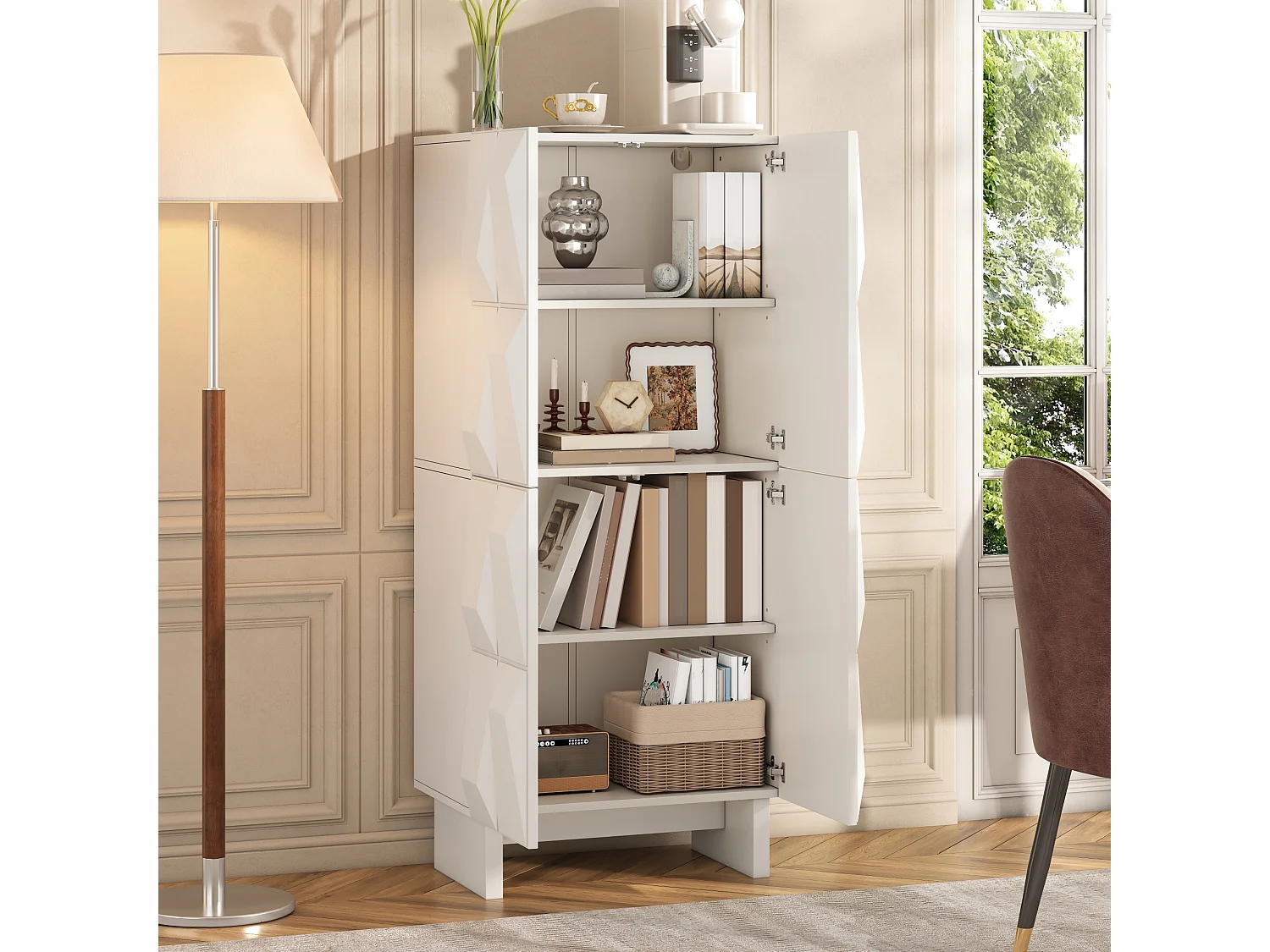 Schoenenkast met 4 deuren, 4 vakken en verstelbare planken - Spaanplaat - 60,5 x 34 x 135,5 cm - Wit