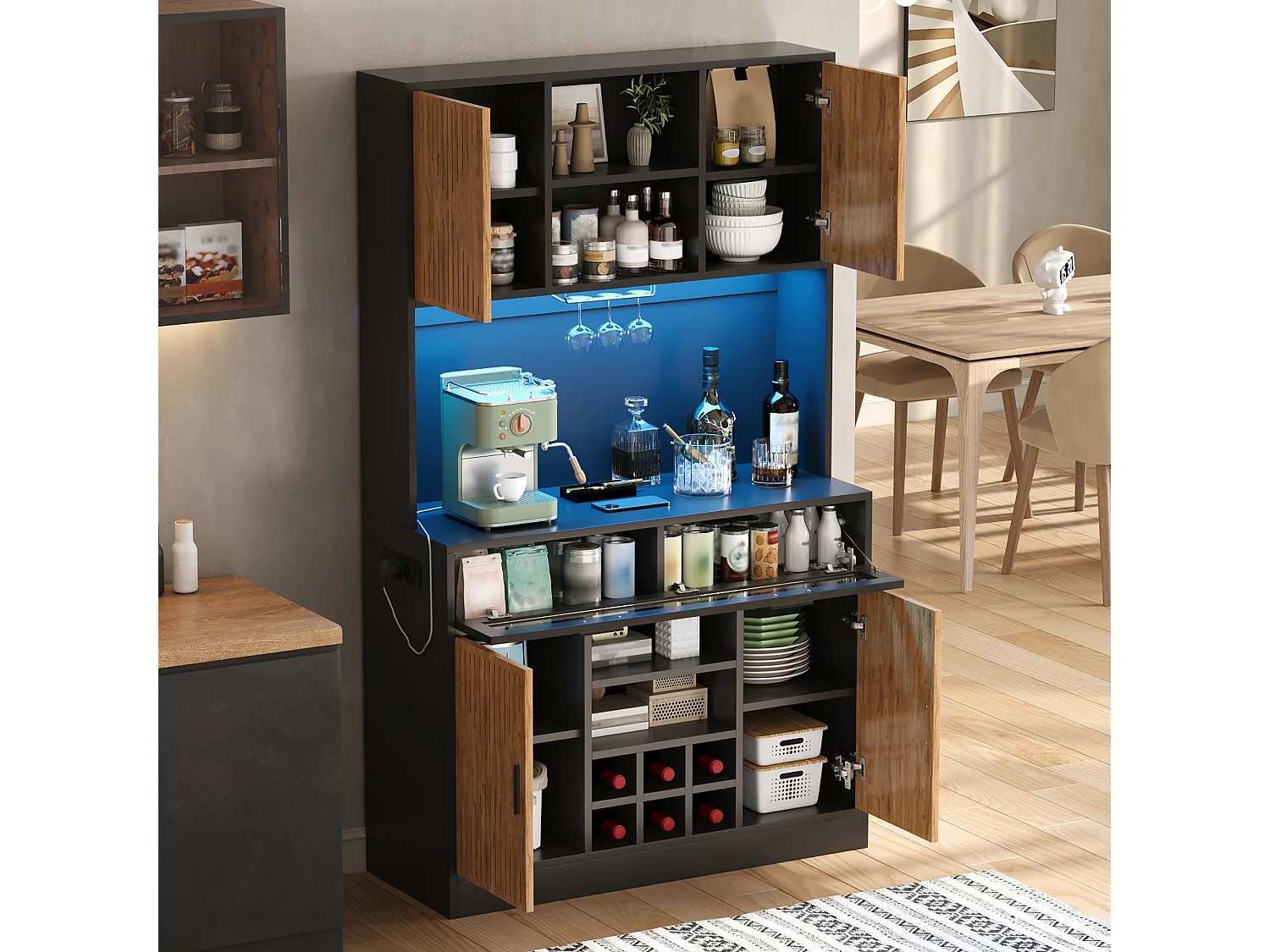 Hoher Küchenschrank mit LED-Beleuchtung, 5 Türen, Gläser- und Flaschenablage, 2 Steckdosen und 2 USB-Anschlüssen – MDF – 105 x 40 x 180 cm – Schwarz