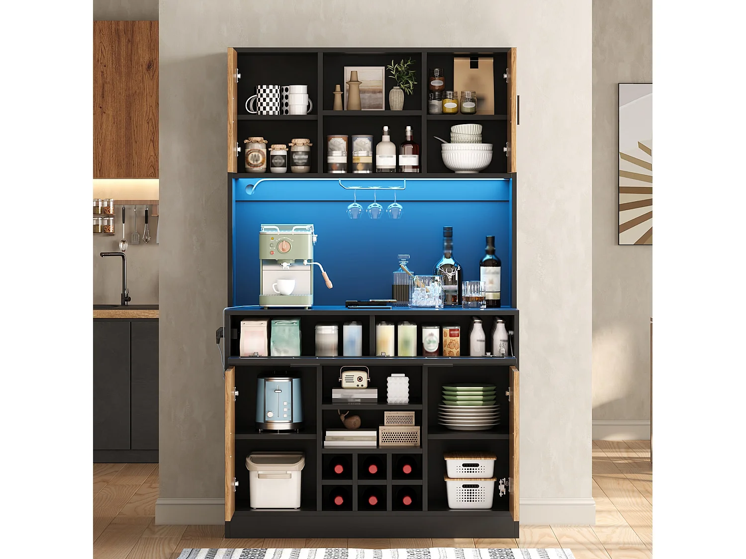 Hoher Küchenschrank mit LED-Beleuchtung, 5 Türen, Gläser- und Flaschenablage, 2 Steckdosen und 2 USB-Anschlüssen – MDF – 105 x 40 x 180 cm – Schwarz