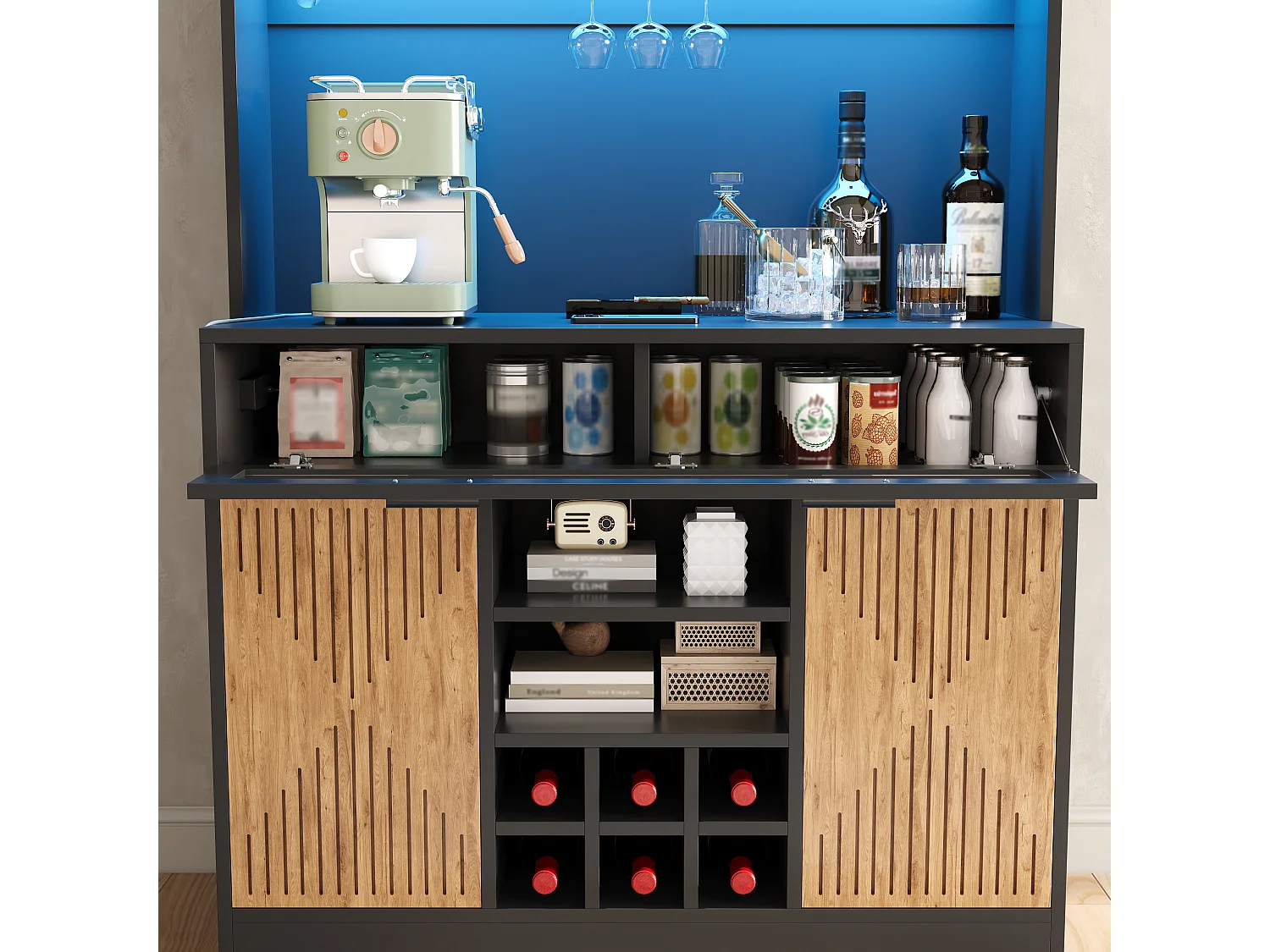 Hoher Küchenschrank mit LED-Beleuchtung, 5 Türen, Gläser- und Flaschenablage, 2 Steckdosen und 2 USB-Anschlüssen – MDF – 105 x 40 x 180 cm – Schwarz