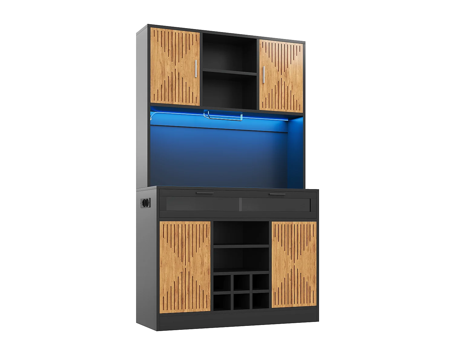 Hoher Küchenschrank mit LED-Beleuchtung, 5 Türen, Gläser- und Flaschenablage, 2 Steckdosen und 2 USB-Anschlüssen – MDF – 105 x 40 x 180 cm – Schwarz