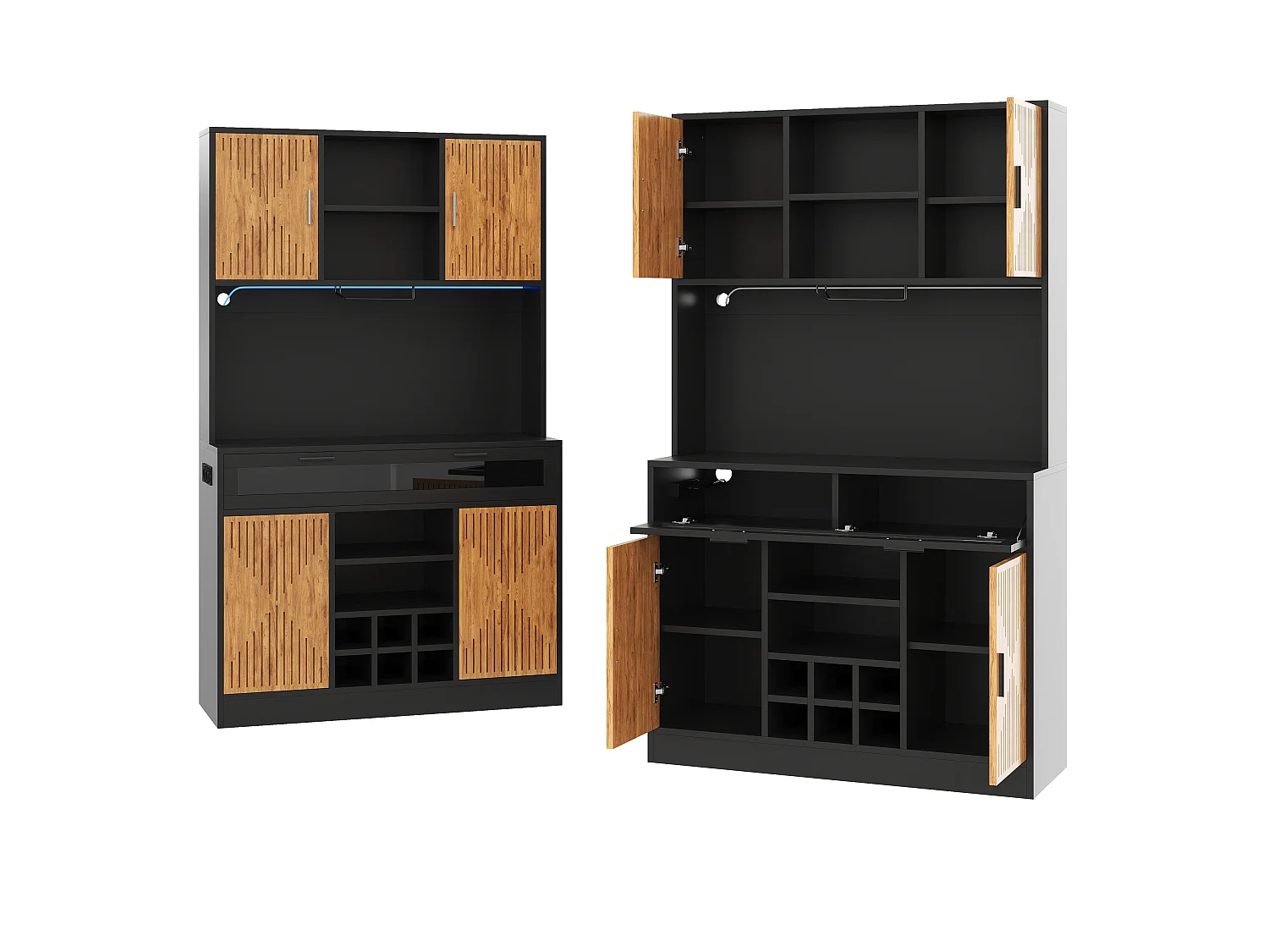Hoher Küchenschrank mit LED-Beleuchtung, 5 Türen, Gläser- und Flaschenablage, 2 Steckdosen und 2 USB-Anschlüssen – MDF – 105 x 40 x 180 cm – Schwarz