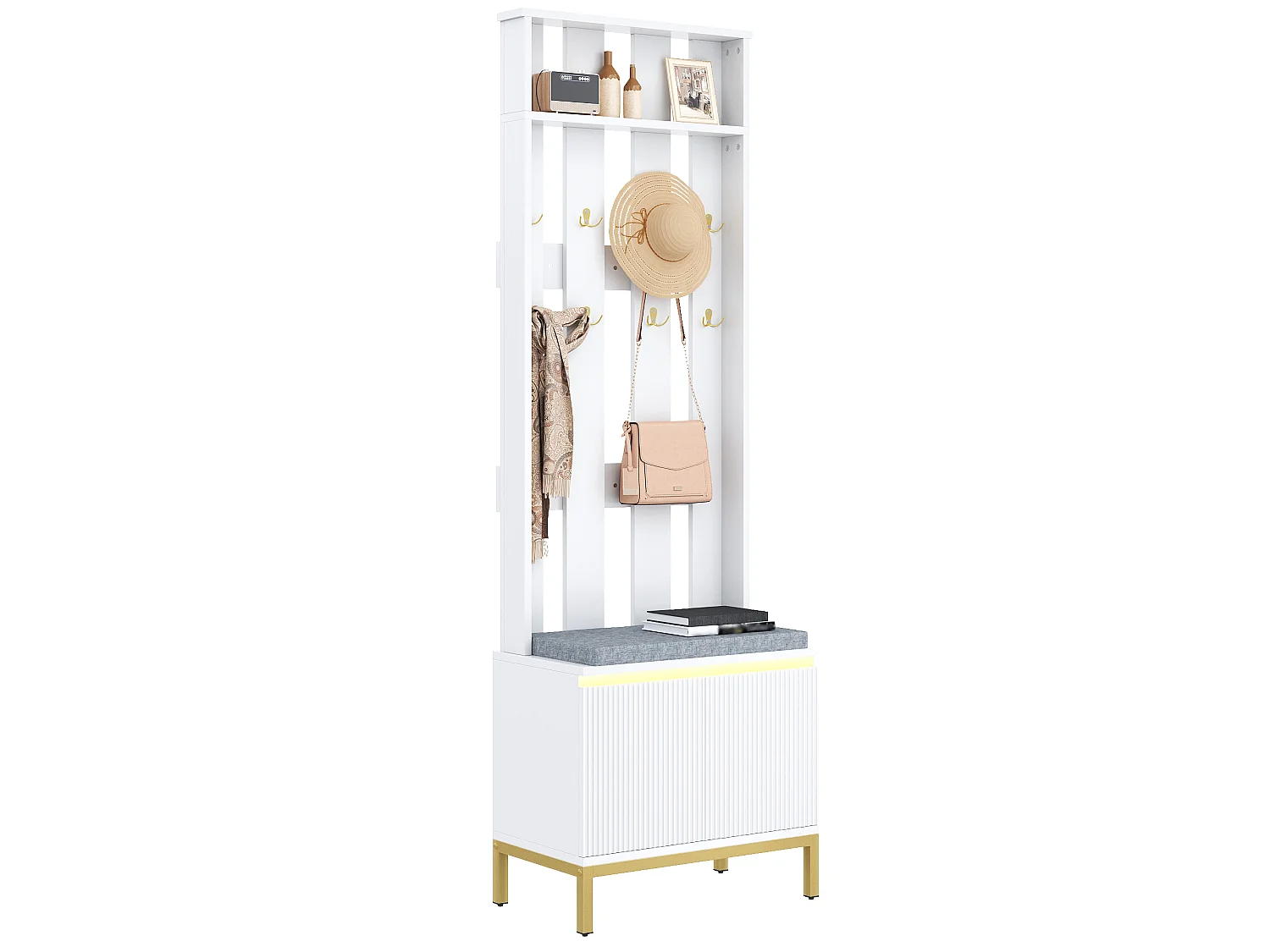 Schoenenkast met bankje, 8 dubbele haken, 2 deuren en ledverlichting - MDF en spaanplaat - 60 x 35,5 x 191,5 cm - Wit