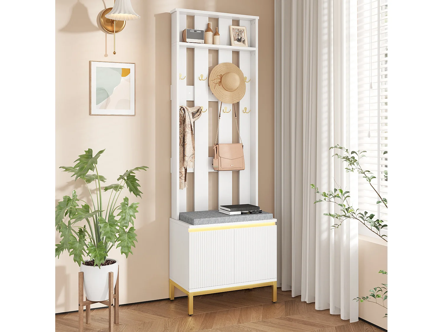 Schoenenkast met bankje, 8 dubbele haken, 2 deuren en ledverlichting - MDF en spaanplaat - 60 x 35,5 x 191,5 cm - Wit
