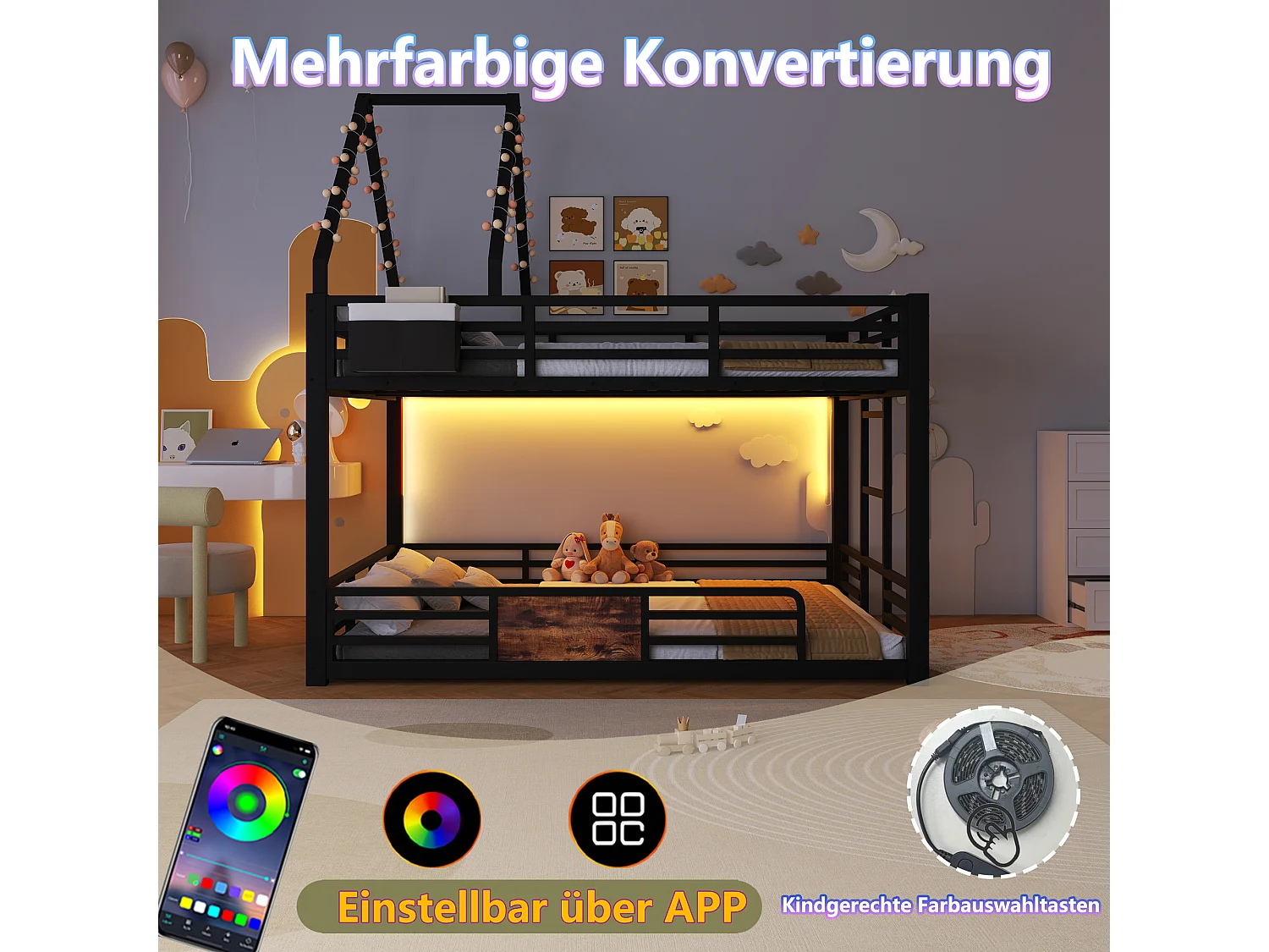 Bunk bed with cabin-style interior, 140 x 200 cm, with LED lighting, decorative roof, and storage pocket - Metal + MDF - Black(Without mattress)