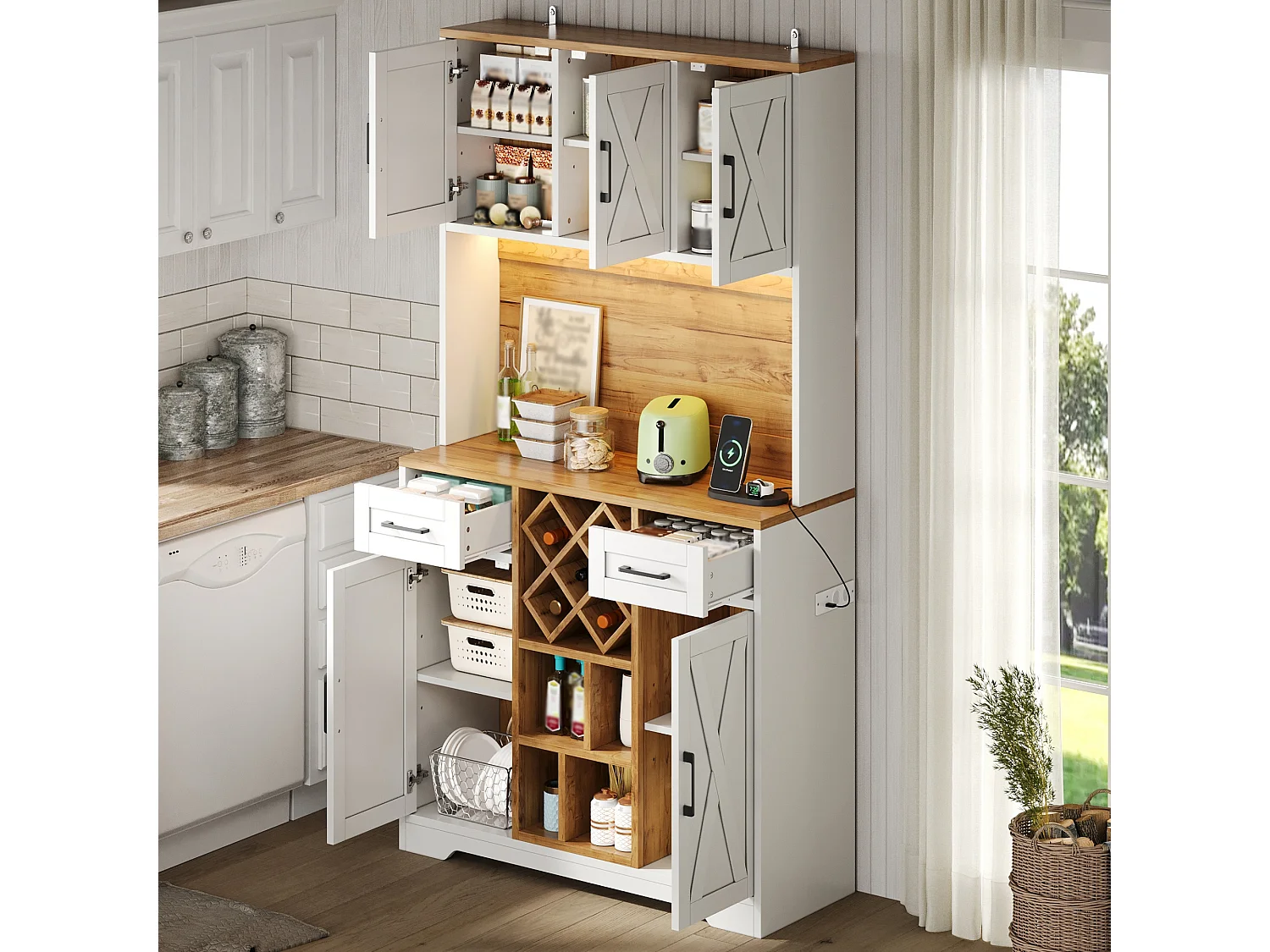 Hoge keukenkast met ledverlichting, 5 deuren, 2 lades, uitneembaar wijnrek, 2 stopcontacten en 2 USB-poorten - MDF - 105 x 40 x 180 cm - Wit