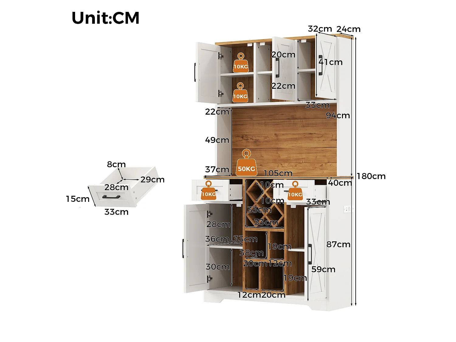 Hoge keukenkast met ledverlichting, 5 deuren, 2 lades, uitneembaar wijnrek, 2 stopcontacten en 2 USB-poorten - MDF - 105 x 40 x 180 cm - Wit