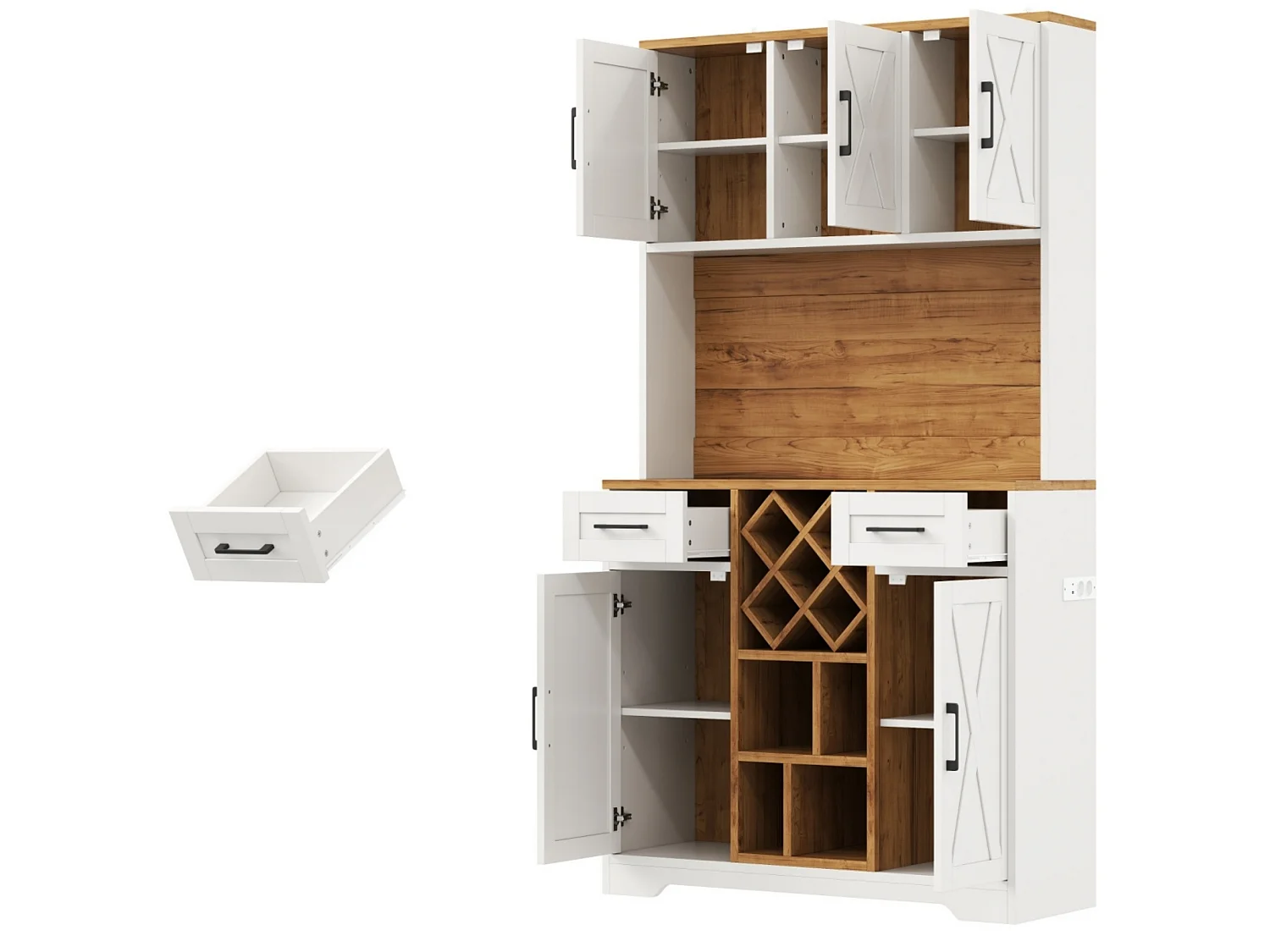Hoge keukenkast met ledverlichting, 5 deuren, 2 lades, uitneembaar wijnrek, 2 stopcontacten en 2 USB-poorten - MDF - 105 x 40 x 180 cm - Wit