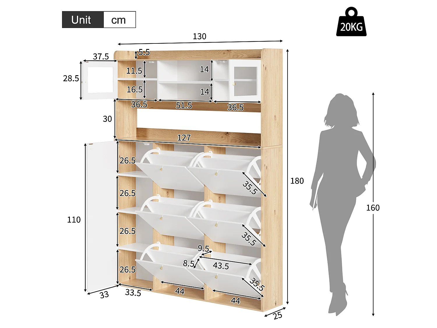 Schoenenkast met 9 deuren, waaronder 6 klapdeuren, 2 glazen deuren en ledverlichting - Spaanplaat - 130 x 25 x 85 cm - Wit + Naturel