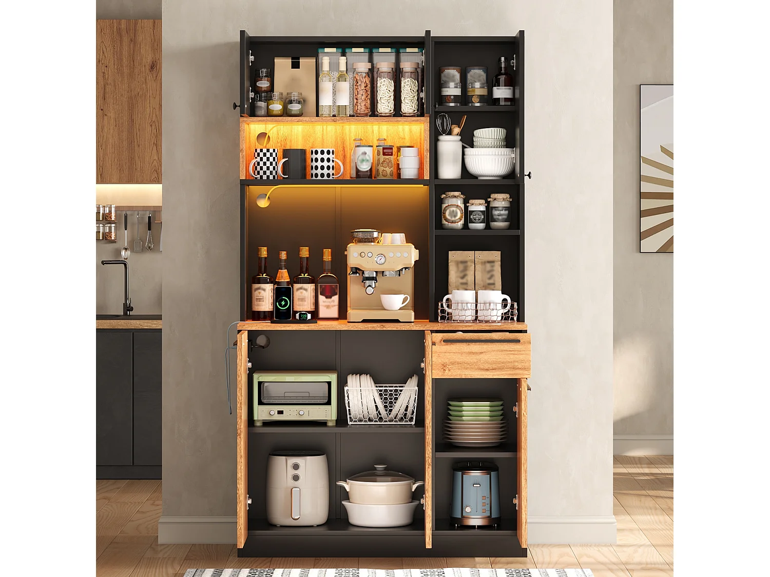 Hoher Küchenschrank mit LED-Beleuchtung, 6 Türen, 1 Schublade, 2 Steckdosen und 2 USB-Anschlüssen – MDF – 100 x 40 x 180 cm – Schwarz und Holz