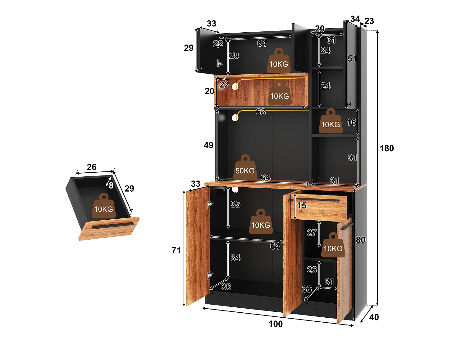Hoher Küchenschrank mit LED-Beleuchtung, 6 Türen, 1 Schublade, 2 Steckdosen und 2 USB-Anschlüssen – MDF – 100 x 40 x 180 cm – Schwarz und Holz