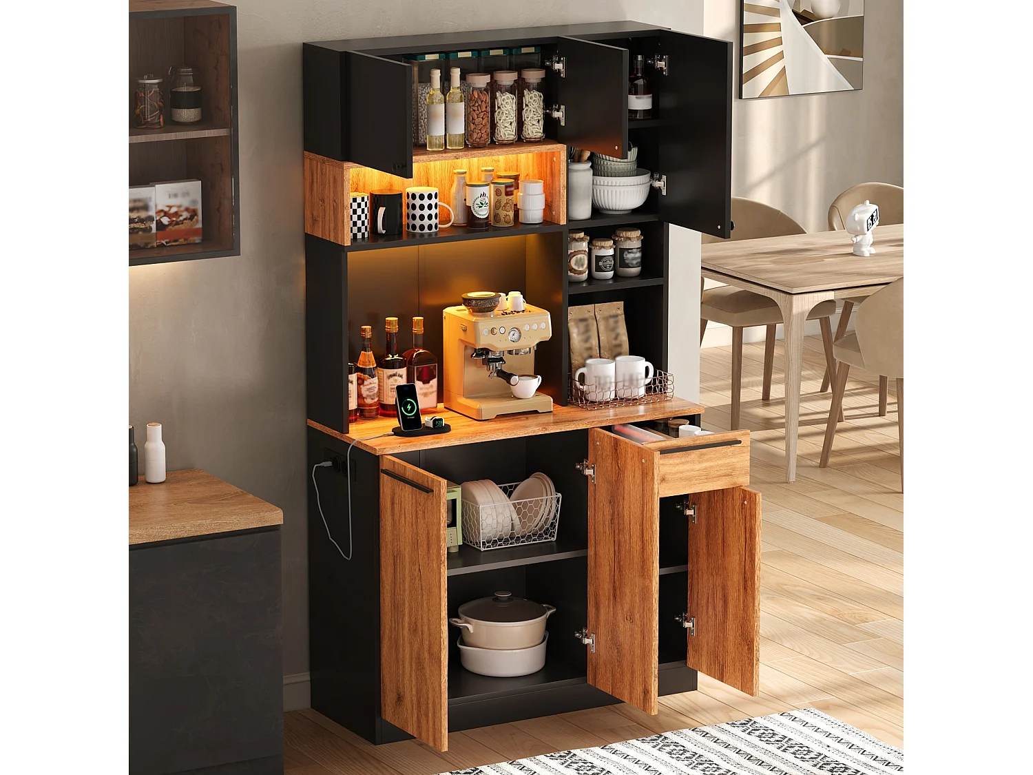 Hoher Küchenschrank mit LED-Beleuchtung, 6 Türen, 1 Schublade, 2 Steckdosen und 2 USB-Anschlüssen – MDF – 100 x 40 x 180 cm – Schwarz und Holz
