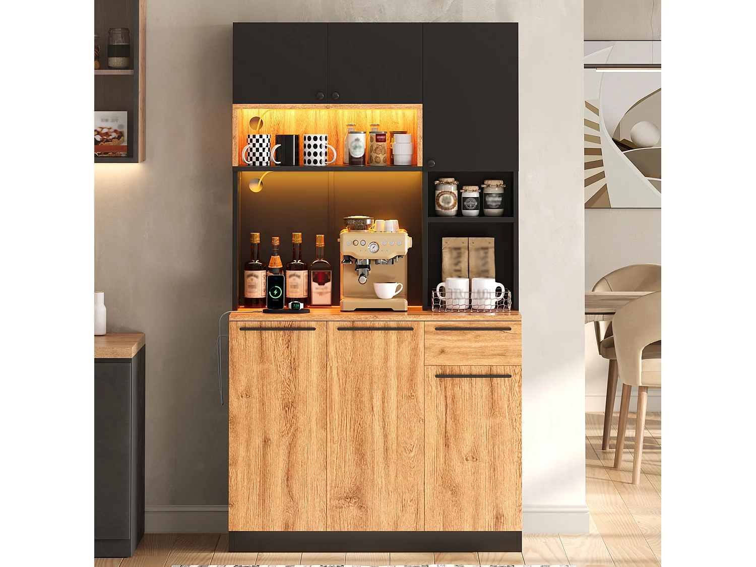 Hoher Küchenschrank mit LED-Beleuchtung, 6 Türen, 1 Schublade, 2 Steckdosen und 2 USB-Anschlüssen – MDF – 100 x 40 x 180 cm – Schwarz und Holz