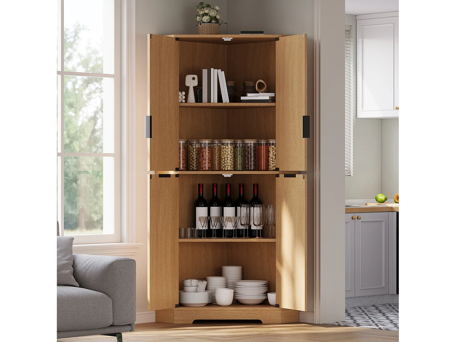 Buffet de cuisine d'angle avec 4 portes et étagères réglables - MDF - 60 x 60 x 172 cm - Naturel