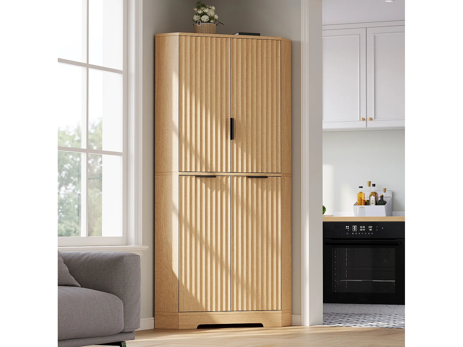 Buffet de cuisine d'angle avec 4 portes et étagères réglables - MDF - 60 x 60 x 172 cm - Naturel