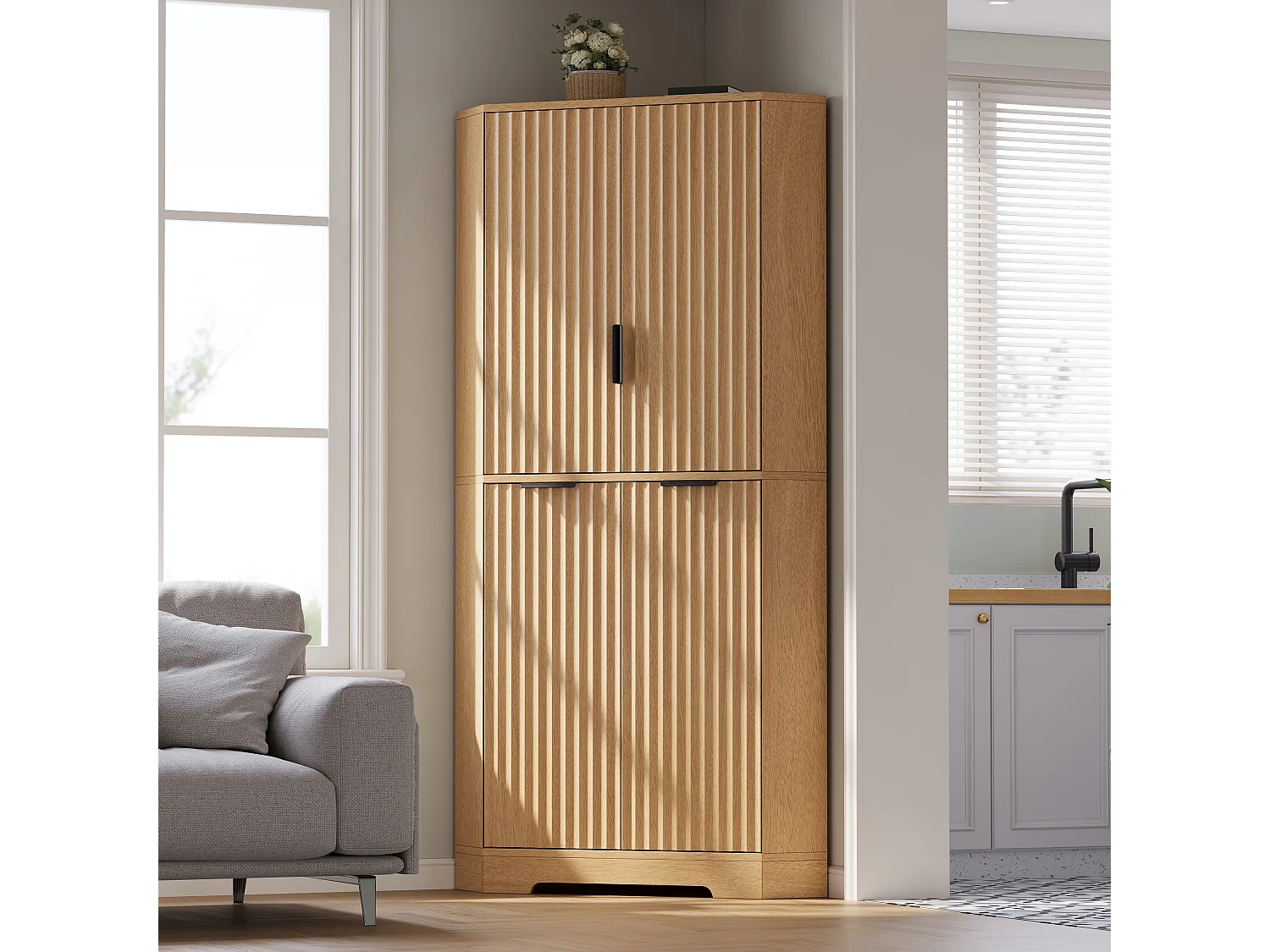 Buffet de cuisine d'angle avec 4 portes et étagères réglables - MDF - 60 x 60 x 172 cm - Naturel