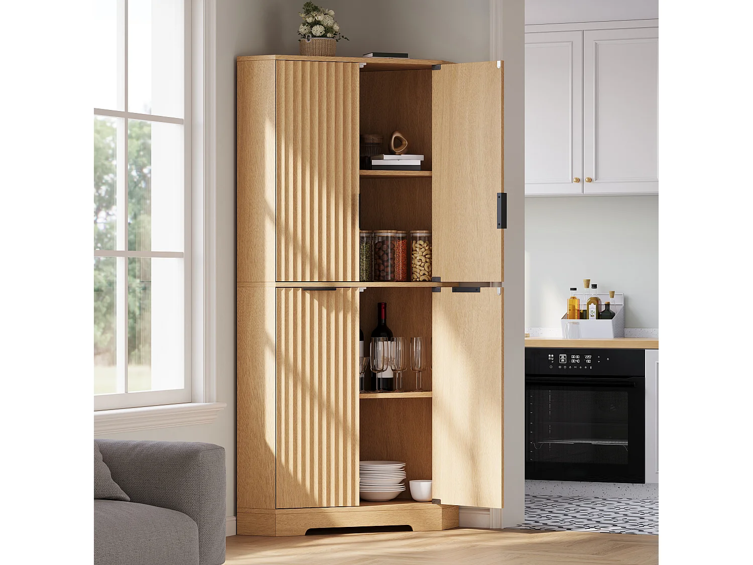 Buffet de cuisine d'angle avec 4 portes et étagères réglables - MDF - 60 x 60 x 172 cm - Naturel