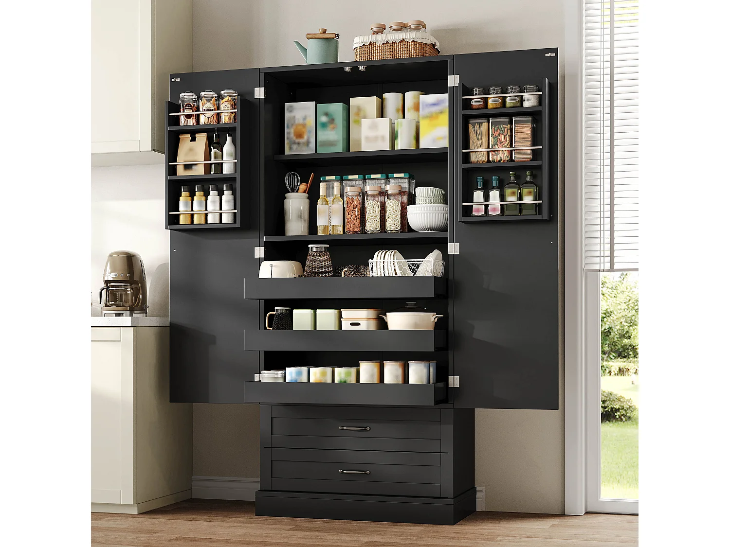 Hohes Küchen-Sideboard mit 3 Auszugsböden, 2 Schubladen, 2 Türen und verstellbaren Einlegeböden – MDF – 80 x 37,5 x 180 cm – Schwarz