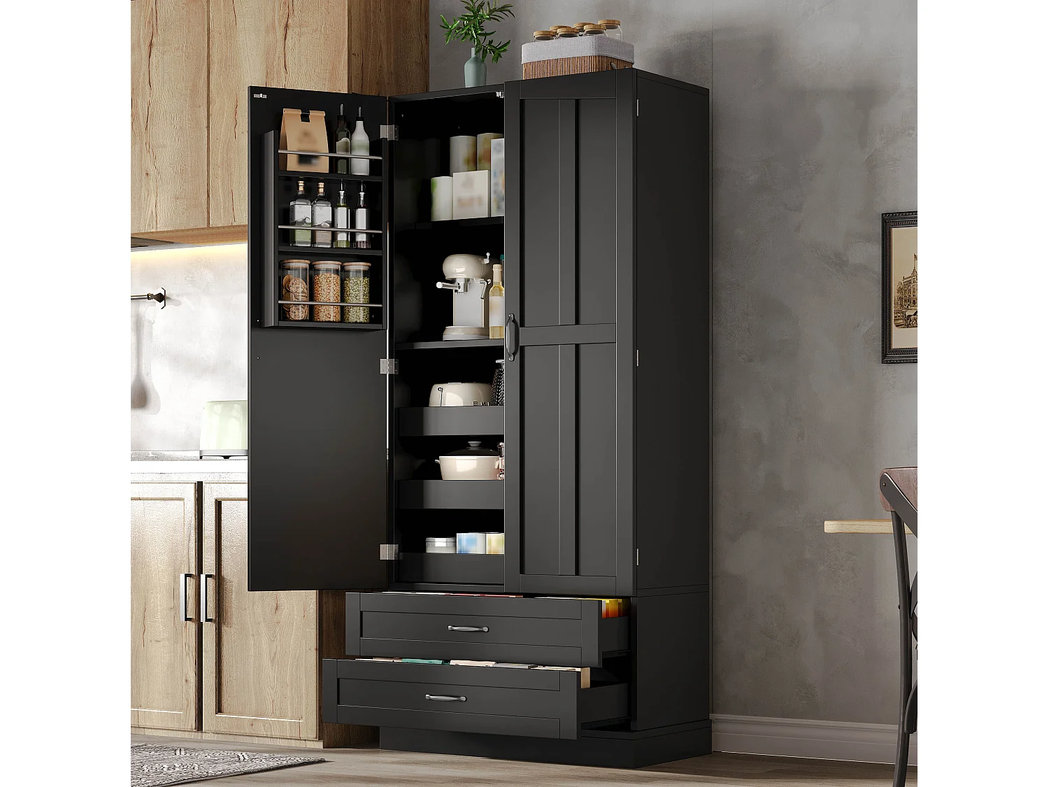 Hohes Küchen-Sideboard mit 3 Auszugsböden, 2 Schubladen, 2 Türen und verstellbaren Einlegeböden – MDF – 80 x 37,5 x 180 cm – Schwarz