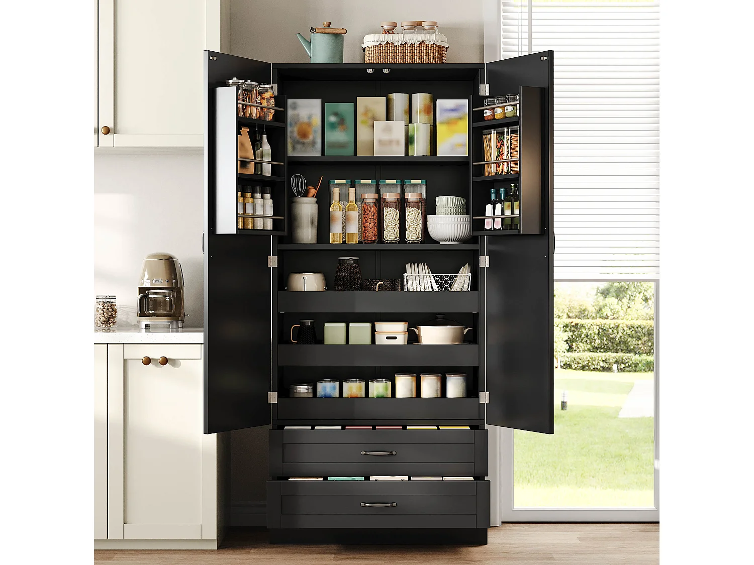Hohes Küchen-Sideboard mit 3 Auszugsböden, 2 Schubladen, 2 Türen und verstellbaren Einlegeböden – MDF – 80 x 37,5 x 180 cm – Schwarz