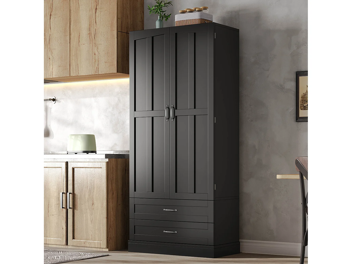 Hohes Küchen-Sideboard mit 3 Auszugsböden, 2 Schubladen, 2 Türen und verstellbaren Einlegeböden – MDF – 80 x 37,5 x 180 cm – Schwarz