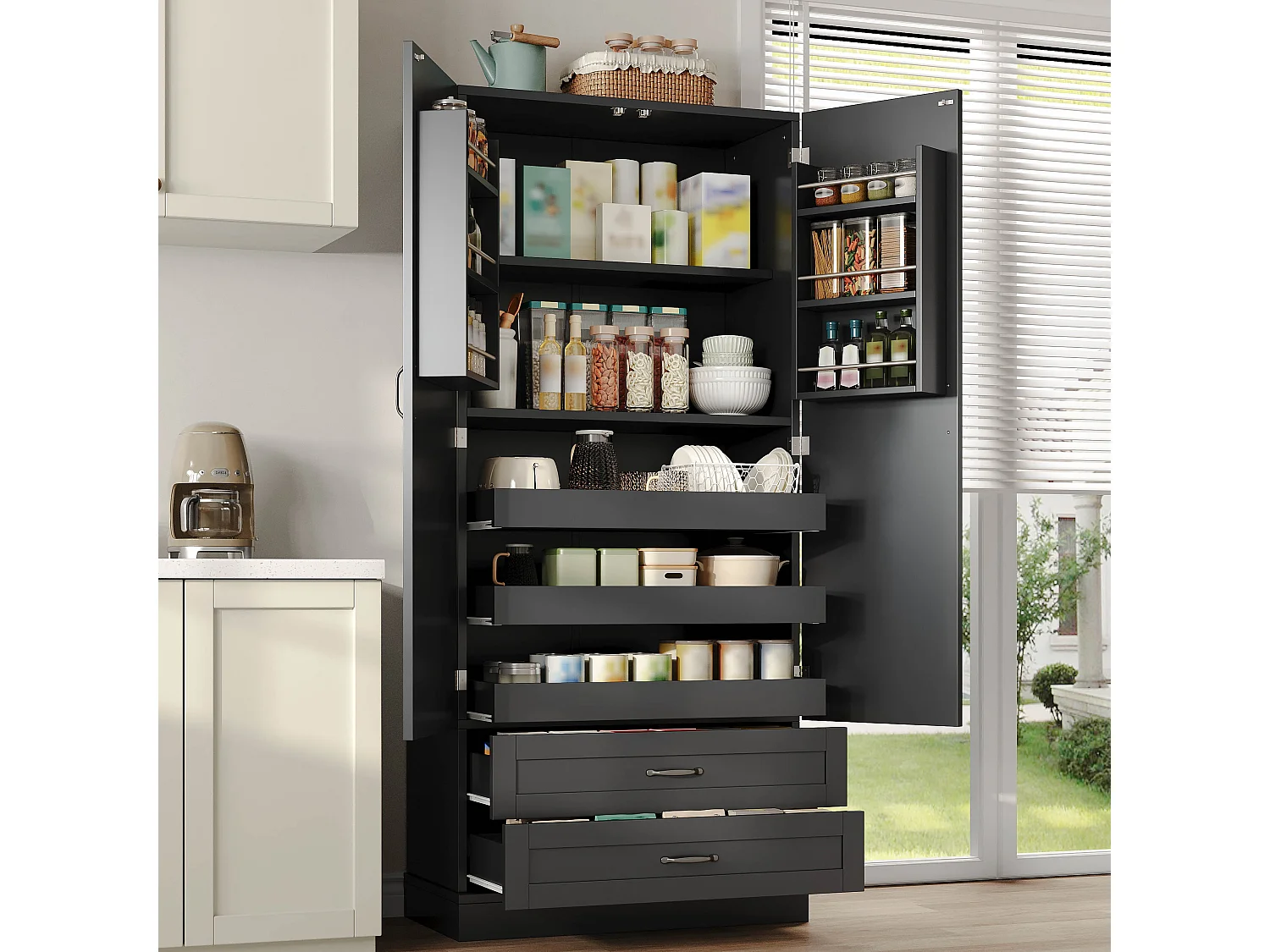 Hohes Küchen-Sideboard mit 3 Auszugsböden, 2 Schubladen, 2 Türen und verstellbaren Einlegeböden – MDF – 80 x 37,5 x 180 cm – Schwarz