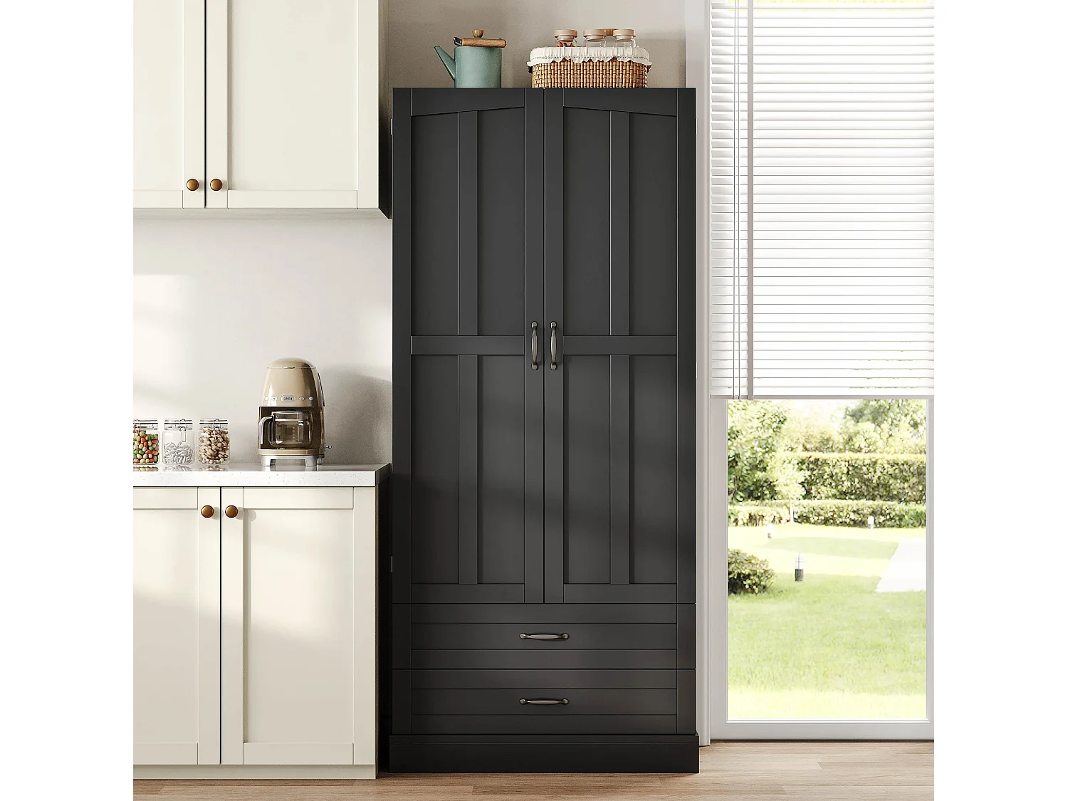 Hohes Küchen-Sideboard mit 3 Auszugsböden, 2 Schubladen, 2 Türen und verstellbaren Einlegeböden – MDF – 80 x 37,5 x 180 cm – Schwarz