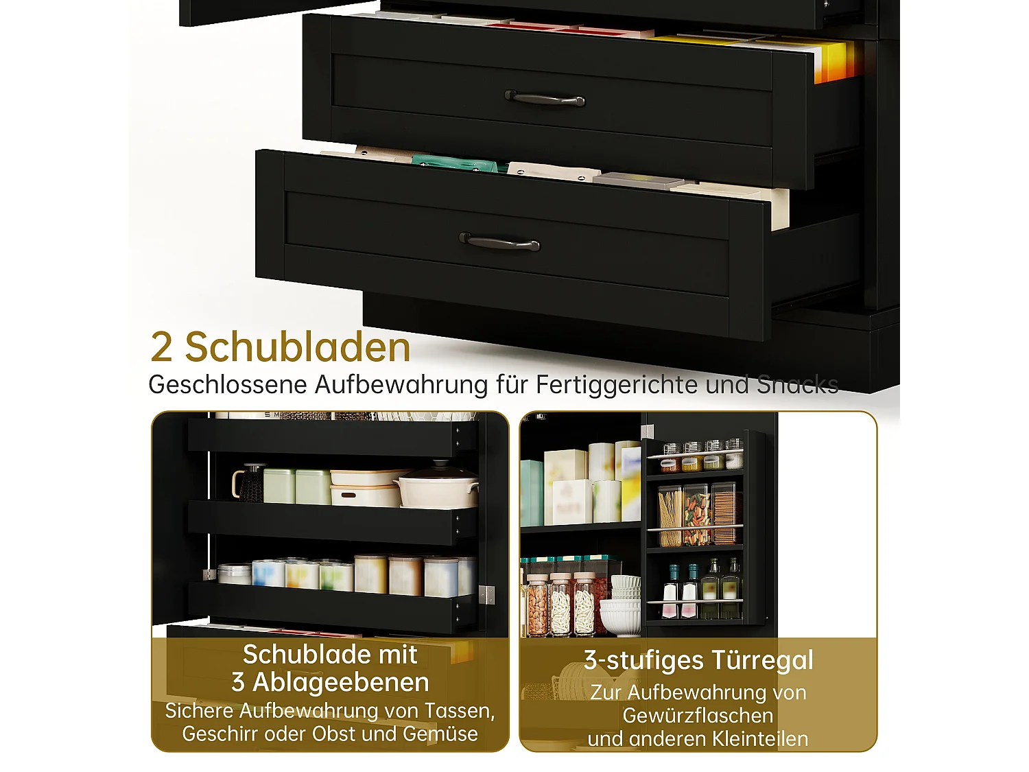 Hohes Küchen-Sideboard mit 3 Auszugsböden, 2 Schubladen, 2 Türen und verstellbaren Einlegeböden – MDF – 80 x 37,5 x 180 cm – Schwarz
